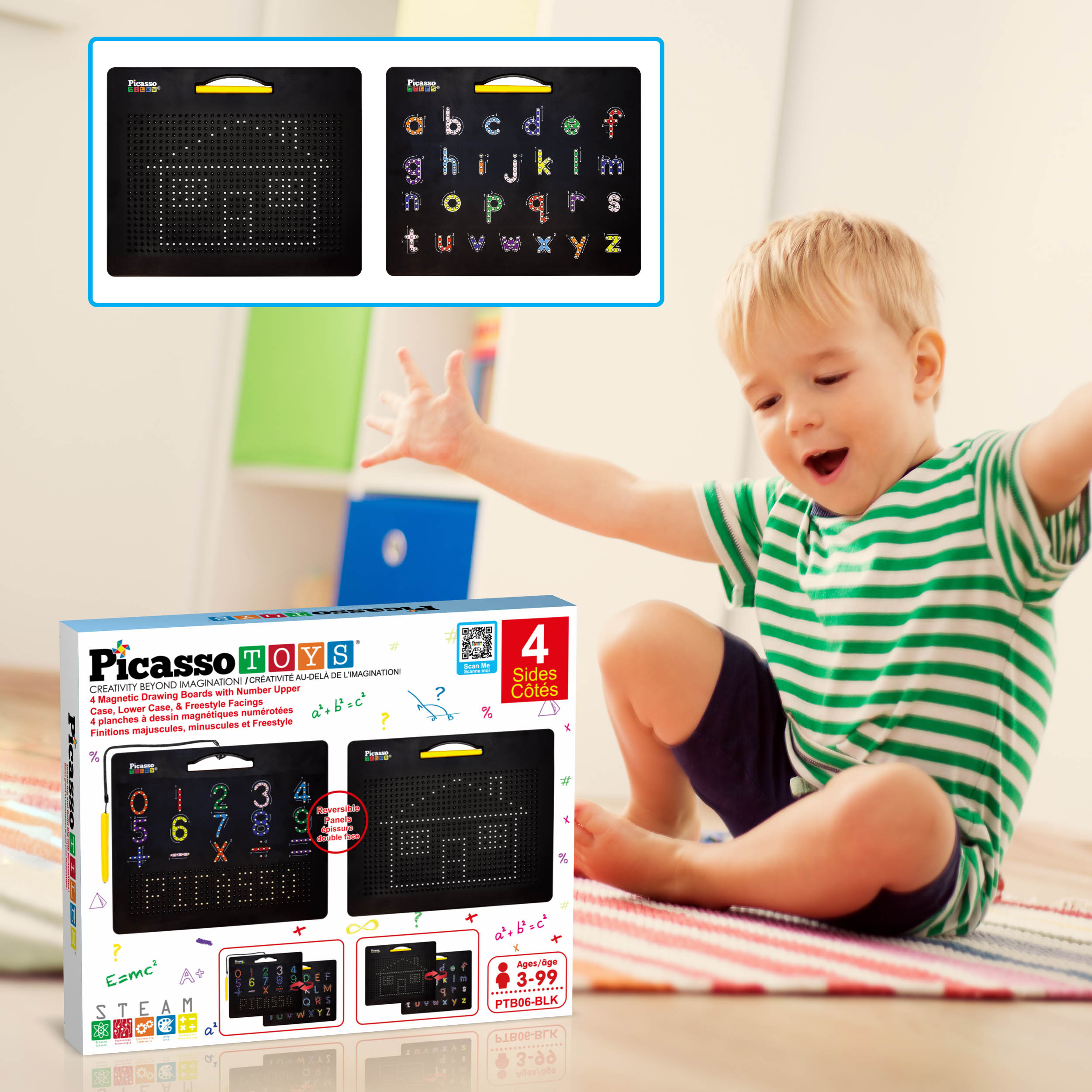 PicassoTiles 2PK 4-in-1 Large Magnetic Drawing Board: Alphabets and Numbers Tracing