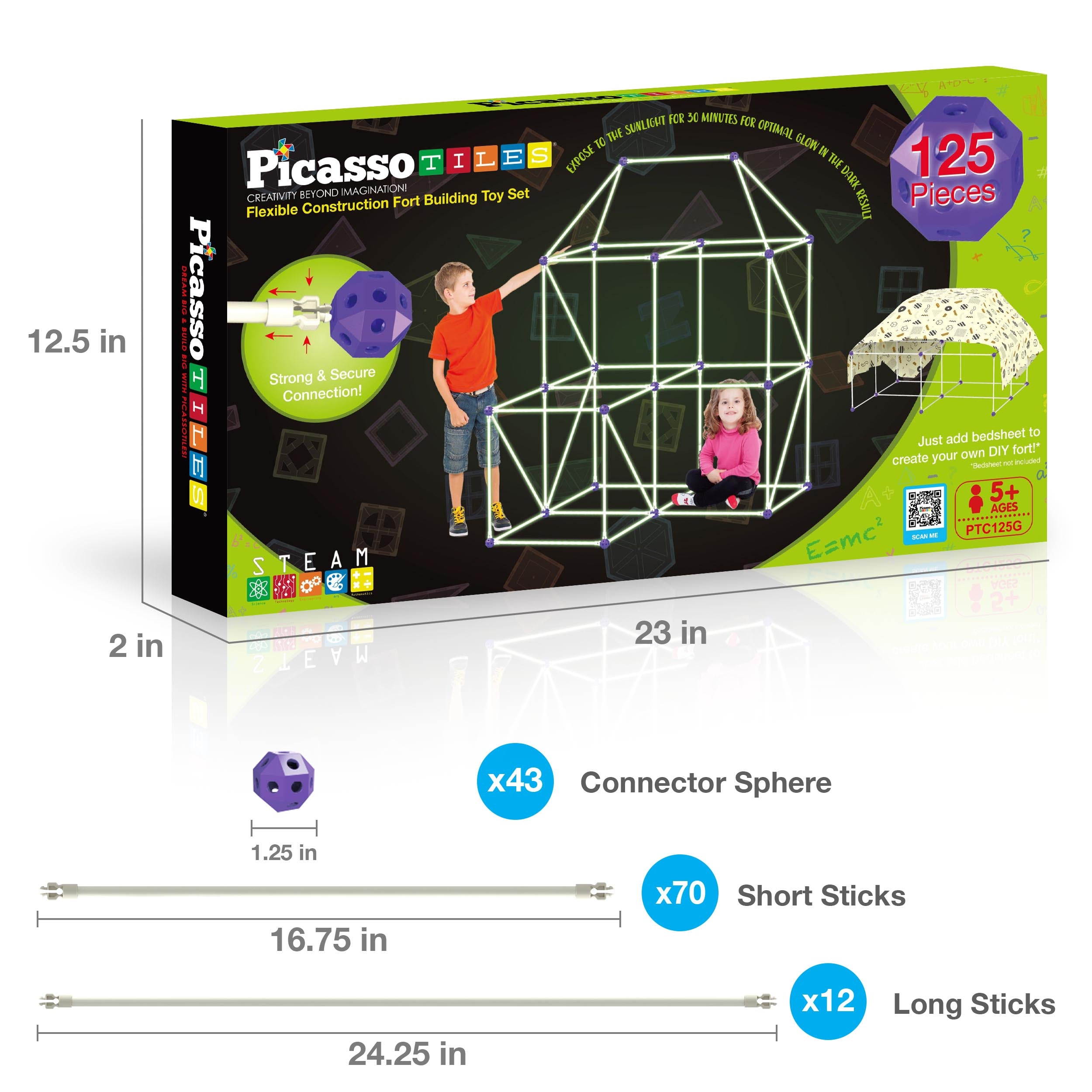 PicassoTiles 125 Piece Fort Building Kit Glow in Dark