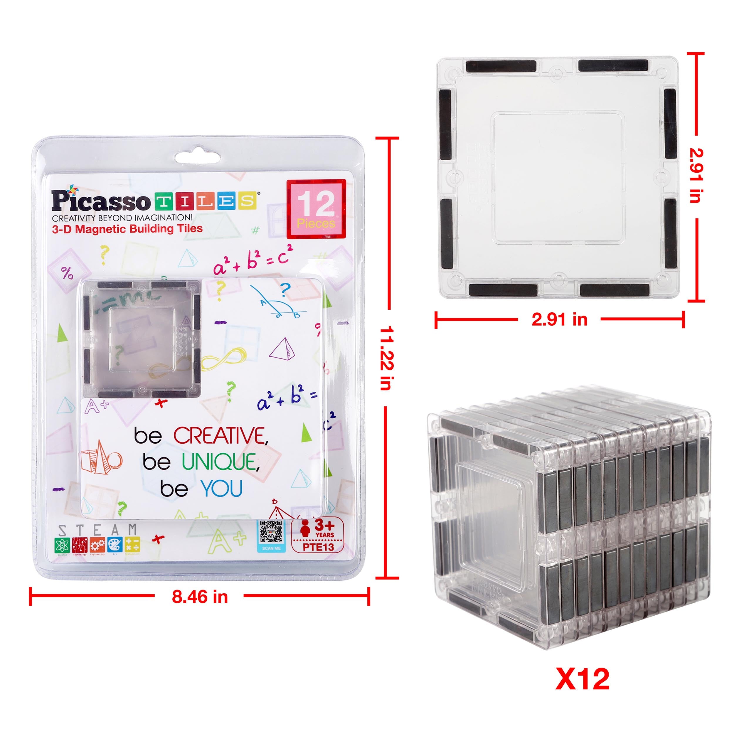 PicassoTiles 12 Piece Clear Transparent Magnetic Building Tiles PTE13