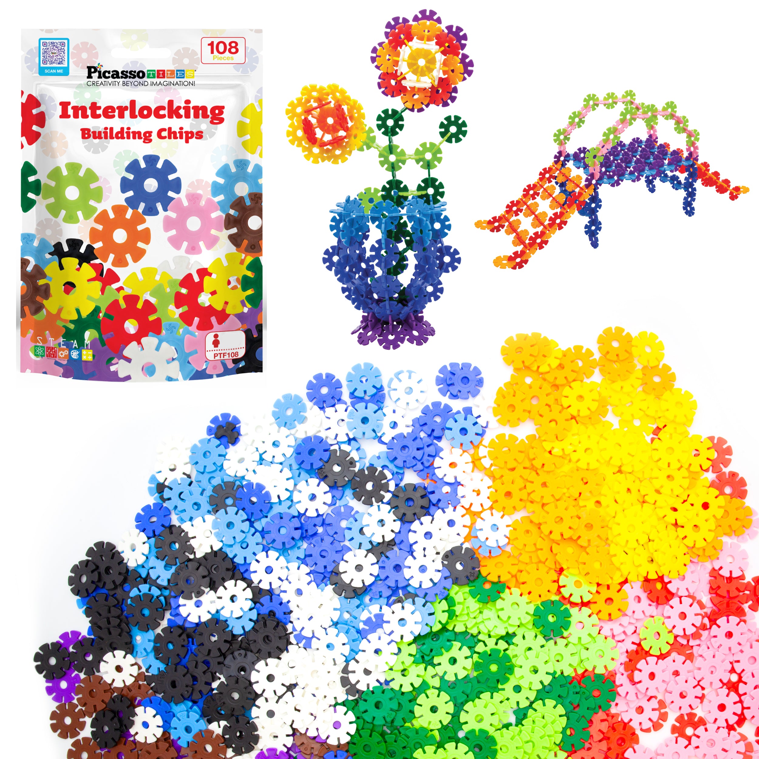 PicassoTiles Building Chips Interlocking Disc Construction Blocks in 12 Colors