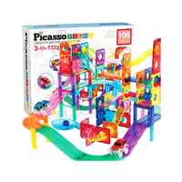 PicassoTiles 3-in-1 Magnetic Tile, Marble Run and Racing Track Building Toy