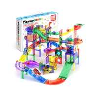 PicassoTiles 3-in-1 Magnetic Tile, Marble Run and Race Car Track Building Set