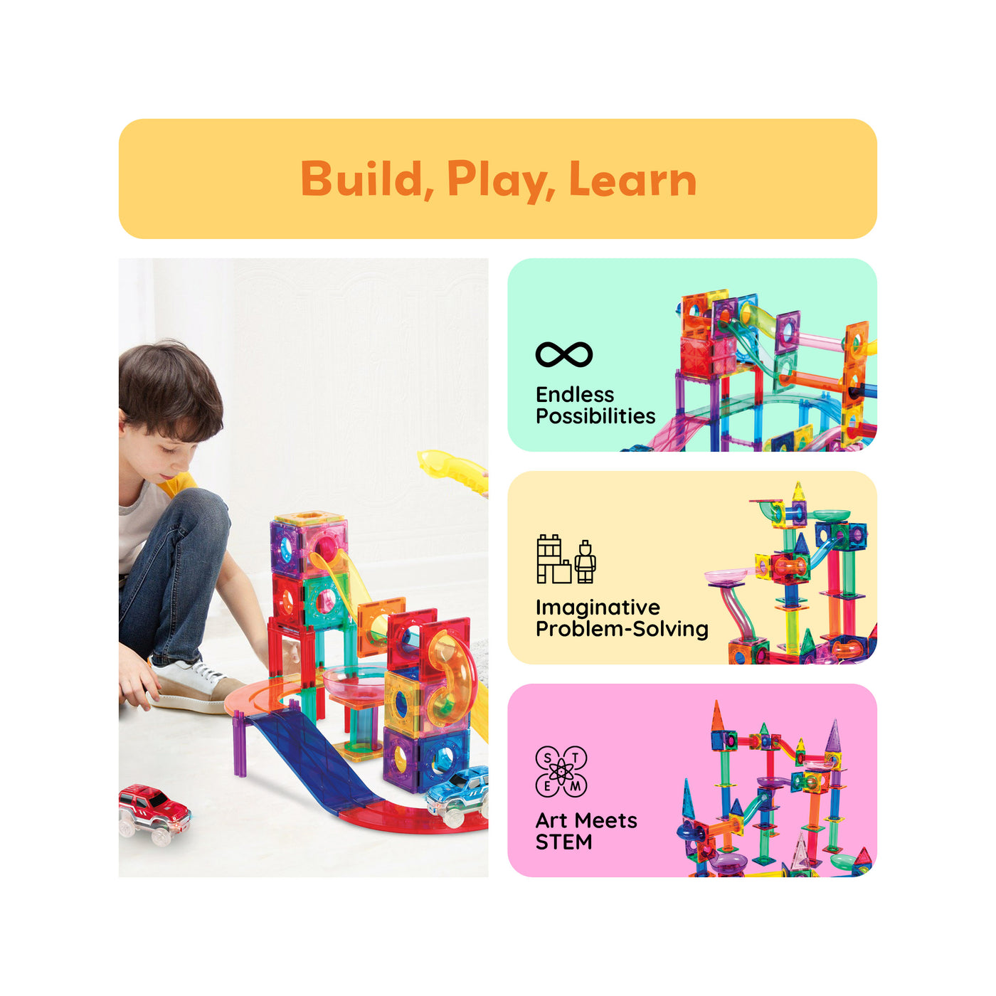 PicassoTiles 3-in-1 Magnetic Tile, Marble Run and Race Car Track Building Set