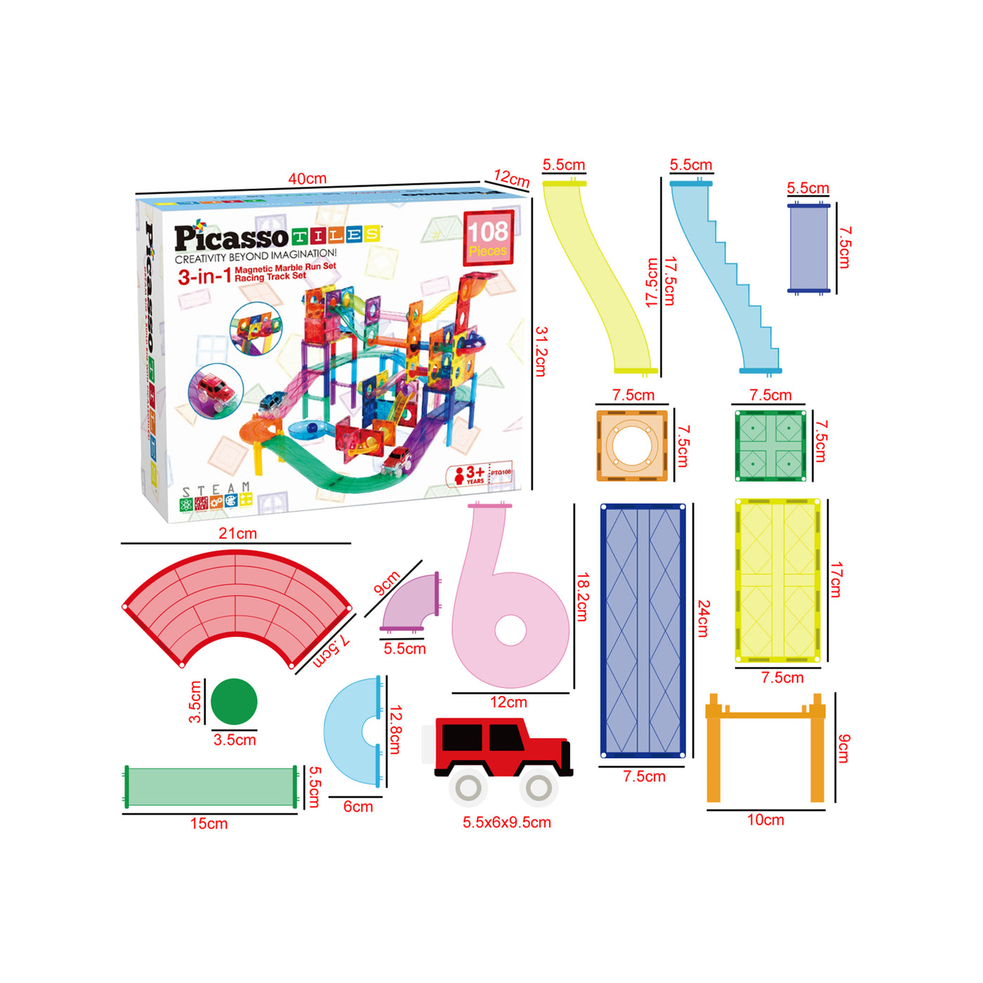 PicassoTiles 3-in-1 Magnetic Tile, Marble Run and Racing Track Building Toy