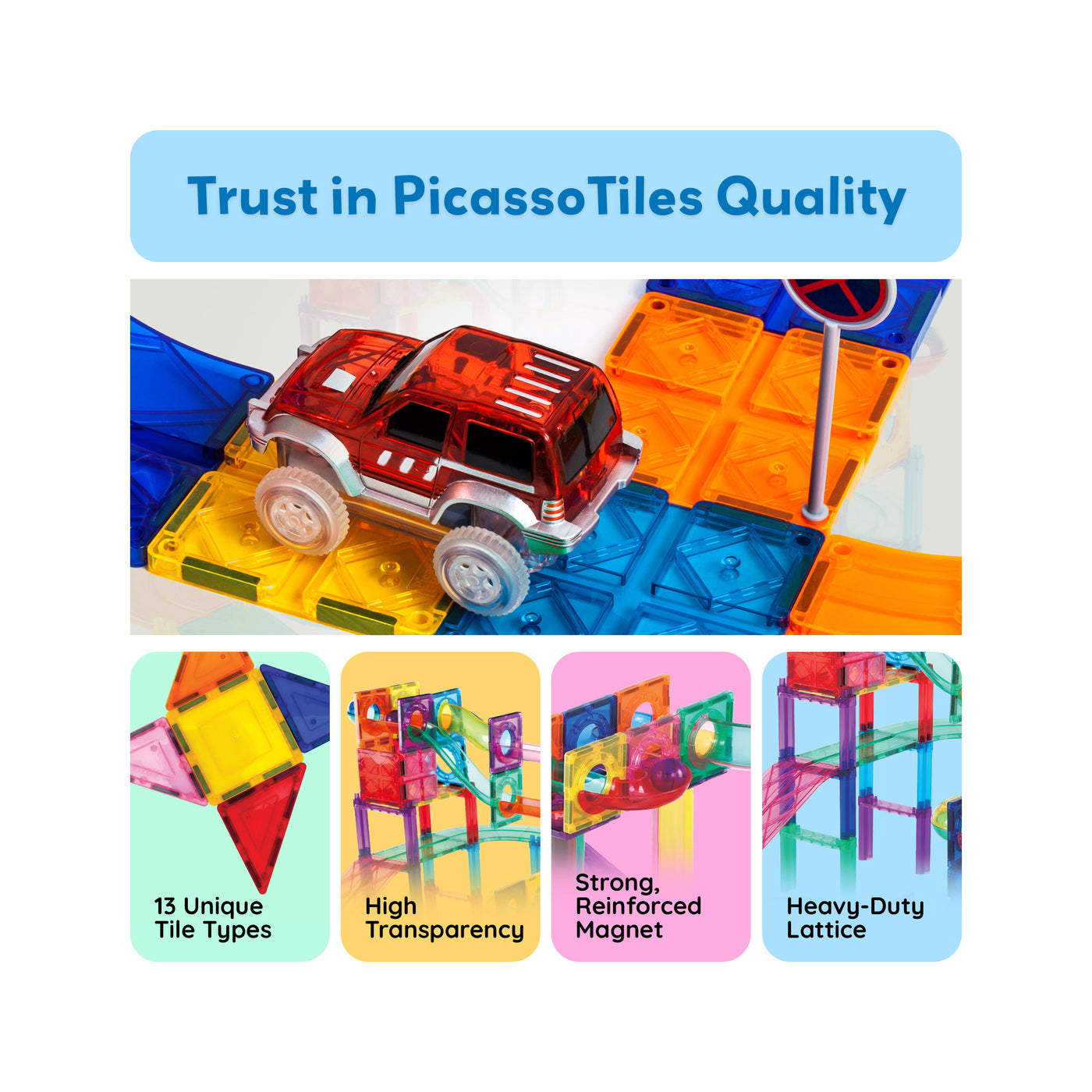 PicassoTiles 3-in-1 Magnetic Tile, Marble Run and Race Car Track Building Set