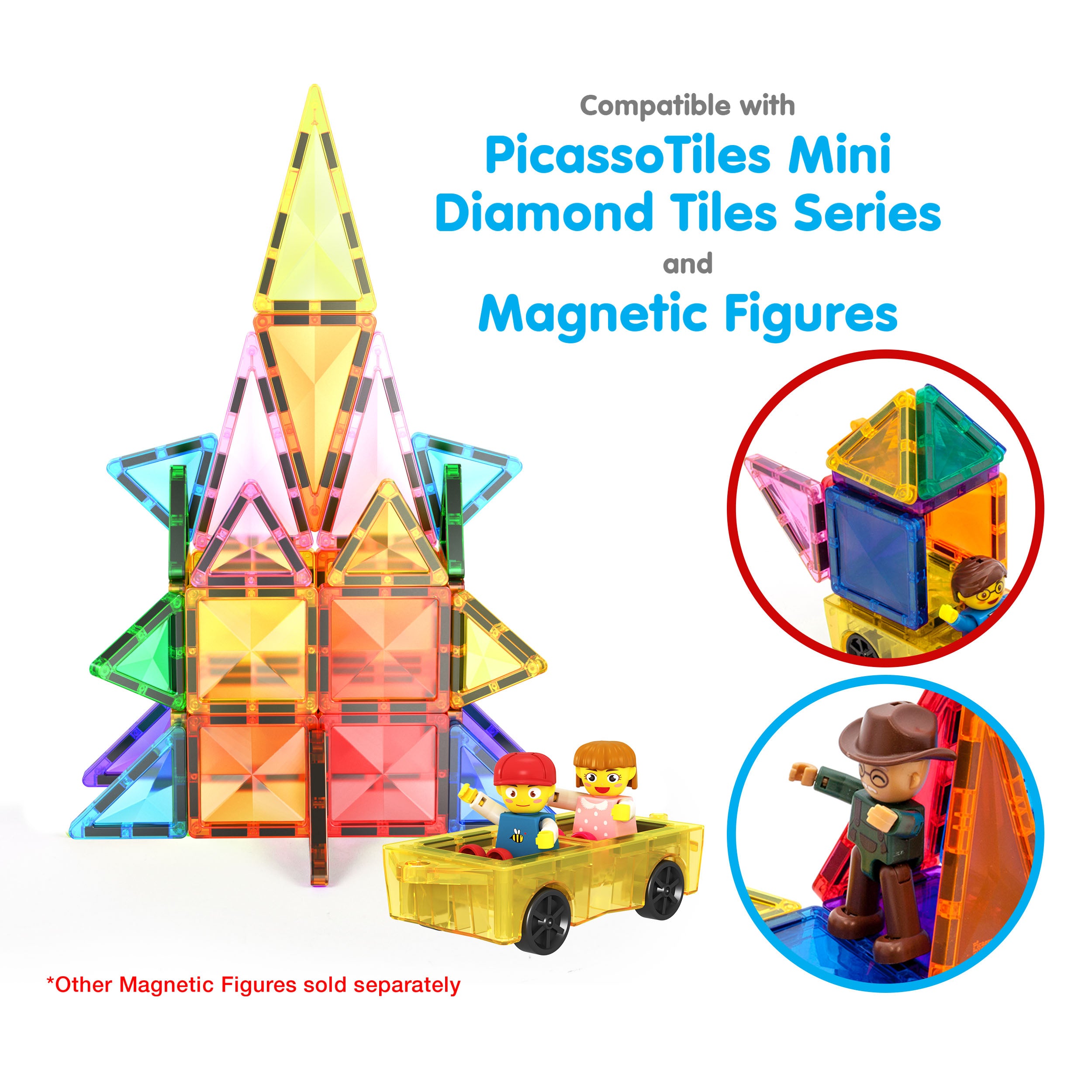 PicassoTiles Mini Diamond Travel Size 120pc Magnet Tiles with Figures and Car Set