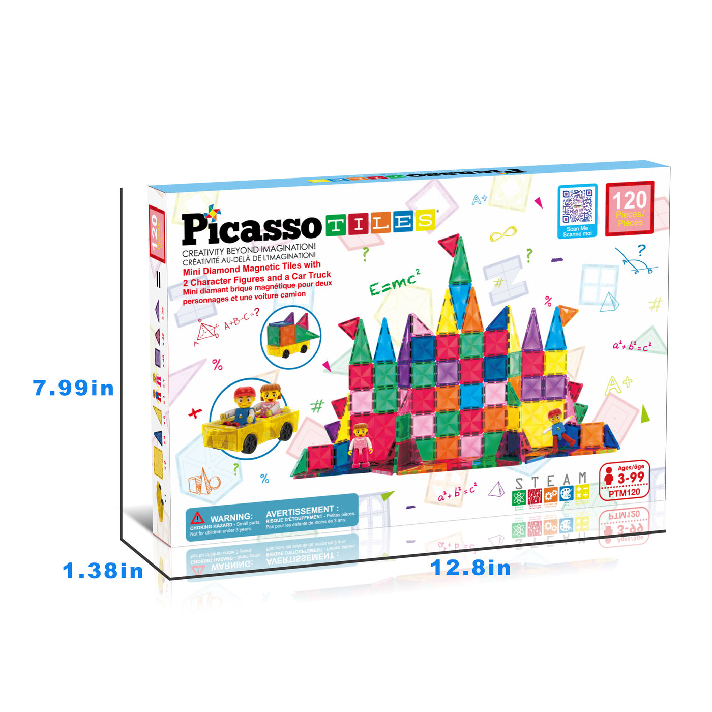 PicassoTiles Mini Diamond Travel Size 120pc Magnet Tiles with Figures and Car Set