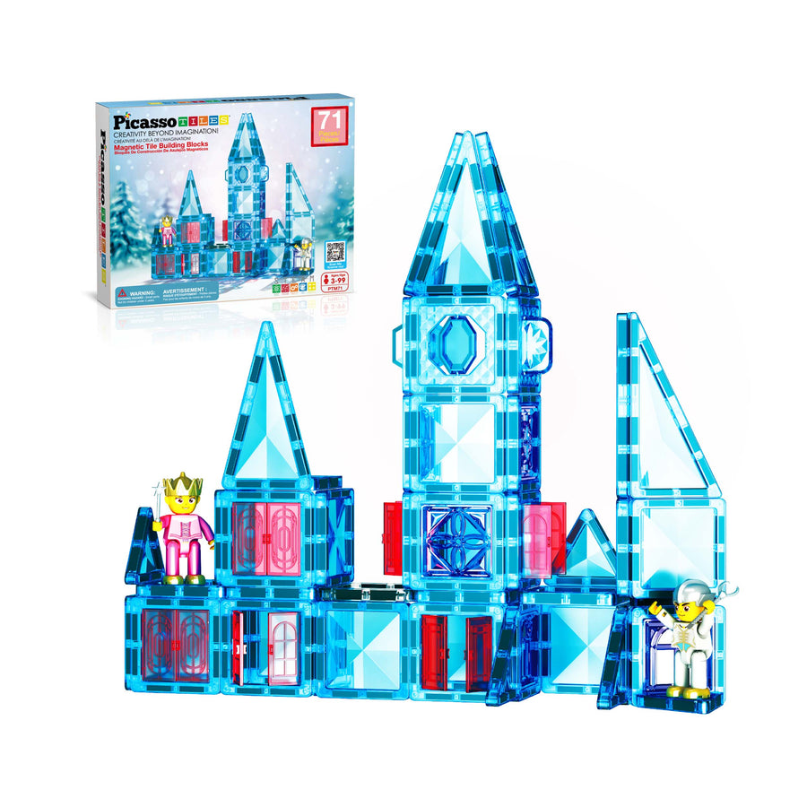 PicassoTiles Travel Magnet Tile Themed Winter Ice Magnetic Tile Building Blocks with 2 Character Action Figures