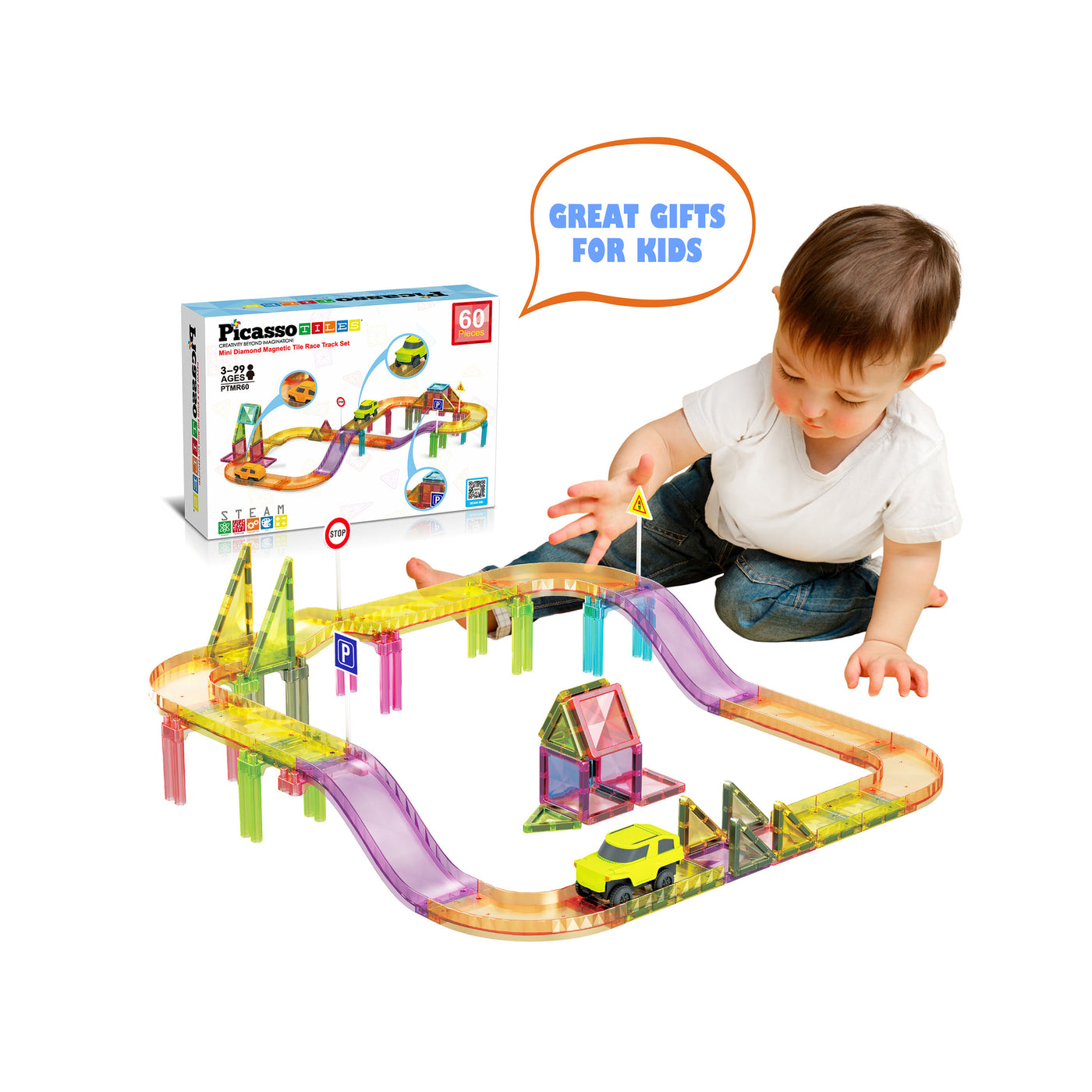 PicassoTiles 60pc Travel Magnet Tile Race Track with Car Playset