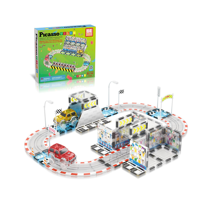 PicassoTiles Magnetic Racetrack Stadium Construction with trucks and accessories