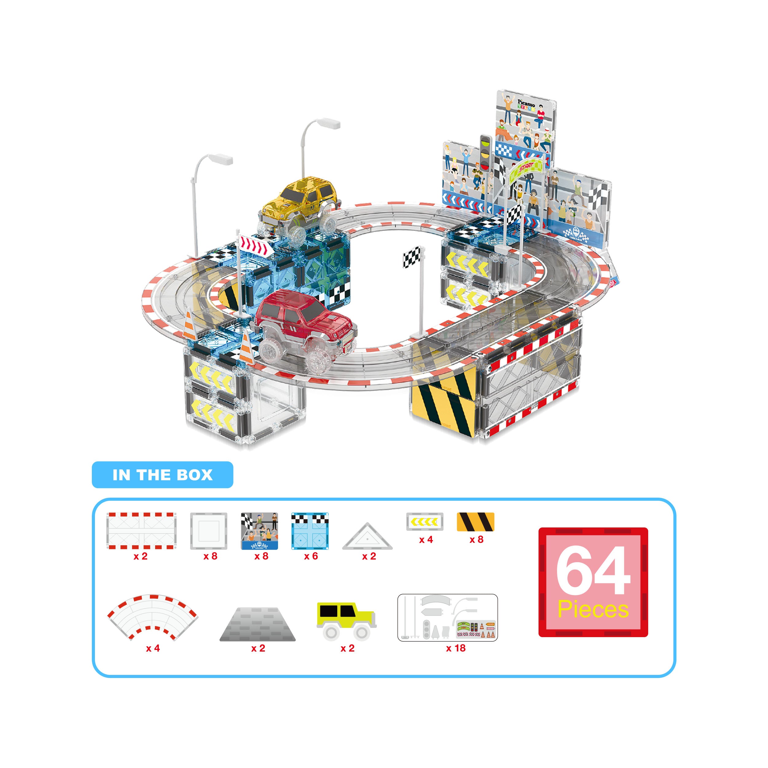 PicassoTiles Magnetic Racetrack Stadium Construction with trucks and accessories
