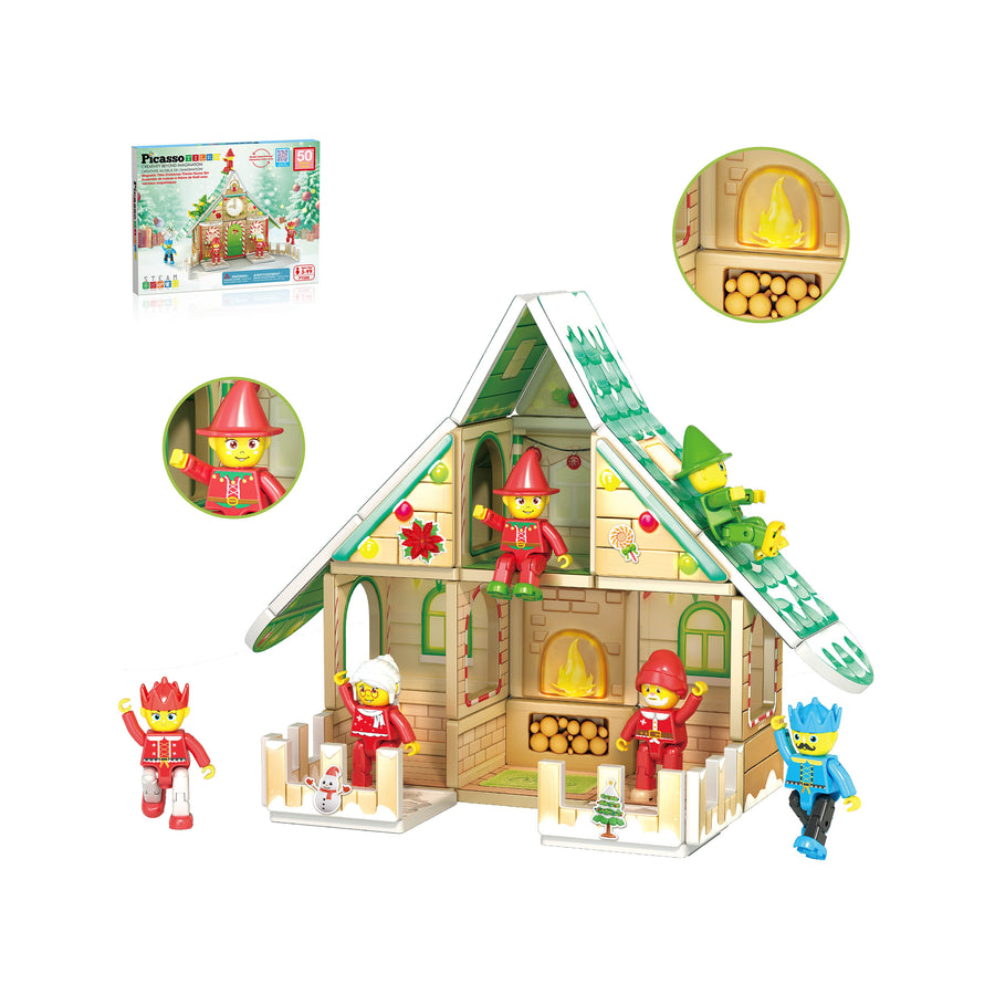 PicassoTiles Christmas Cottage Magnetic Tiles Toy with Character Action Figures - 50 Pieces