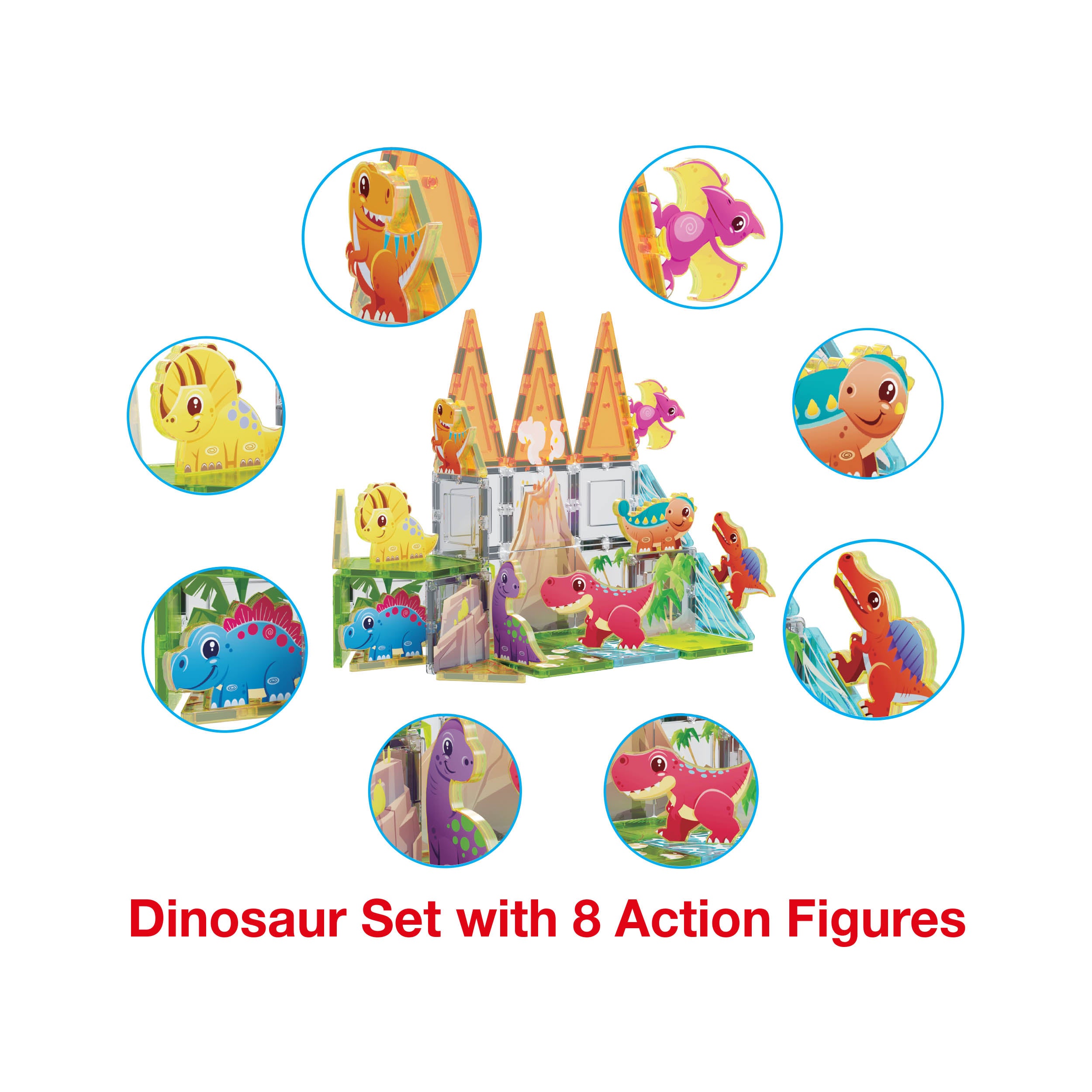 PicassoTiles Magnet Tiles Building Blocks Dinosaur Theme Set with 8  Magnetized Action Figures - PTQ13