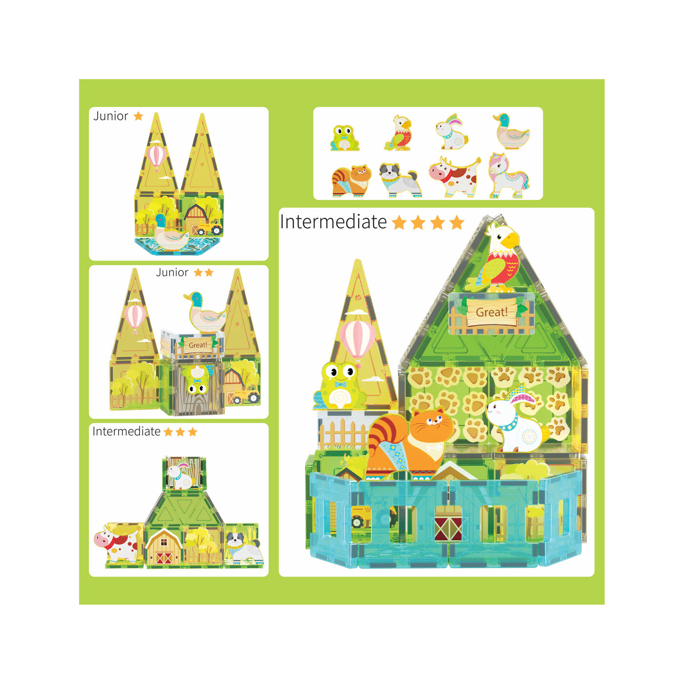 PicassoTiles Farm Animal Magnet Tile Building Blocks with Magnetic Characters
