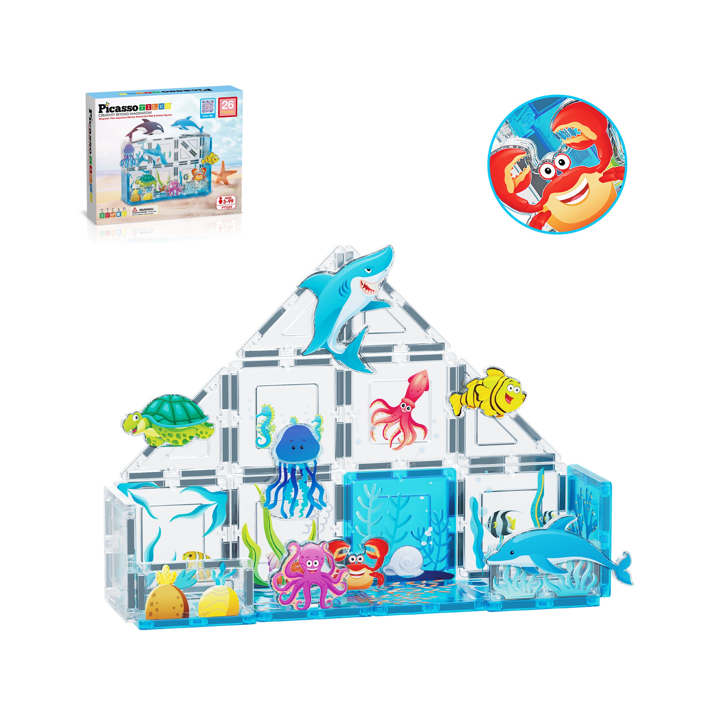 PicassoTiles 26 Piece Marine World Magnetic Toy with Ocean Characters