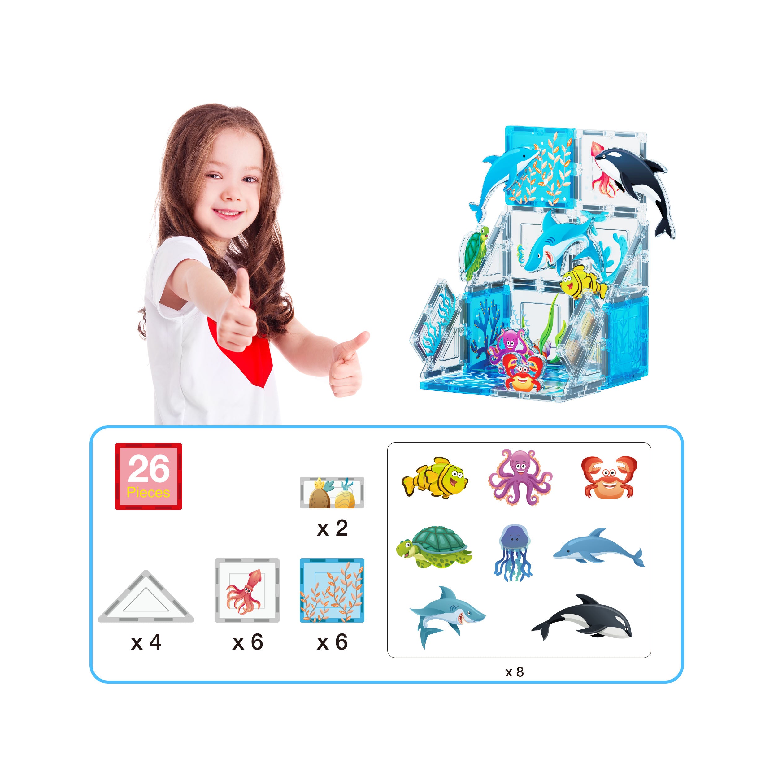 PicassoTiles 26 Piece Marine World Magnetic Toy with Ocean Characters