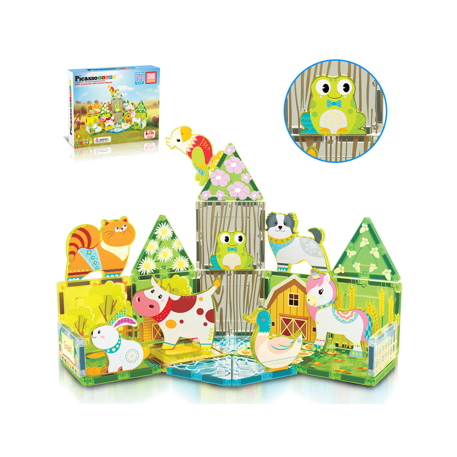 PicassoTiles Magnet Tile Building Blocks Printed Fall Farm Themed Animal Toy Set with 8 Farmyard Animals Character Action Figures