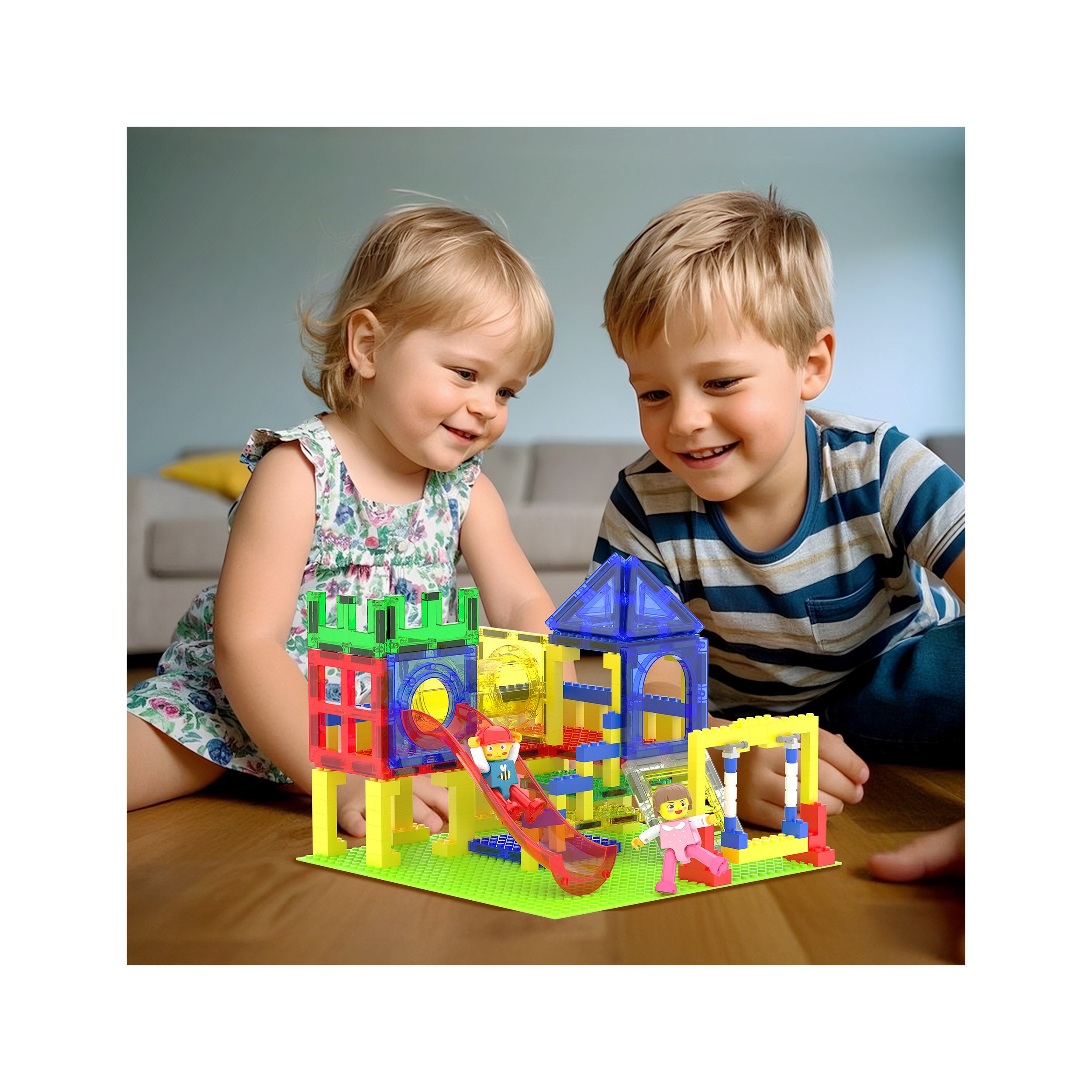 PicassoTiles Magnetic Building Blocks Playground Set with Action Figure Characters