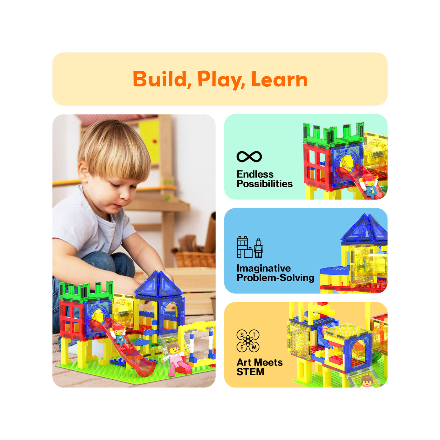 PicassoTiles Magnetic Building Blocks Playground Set with Action Figure Characters