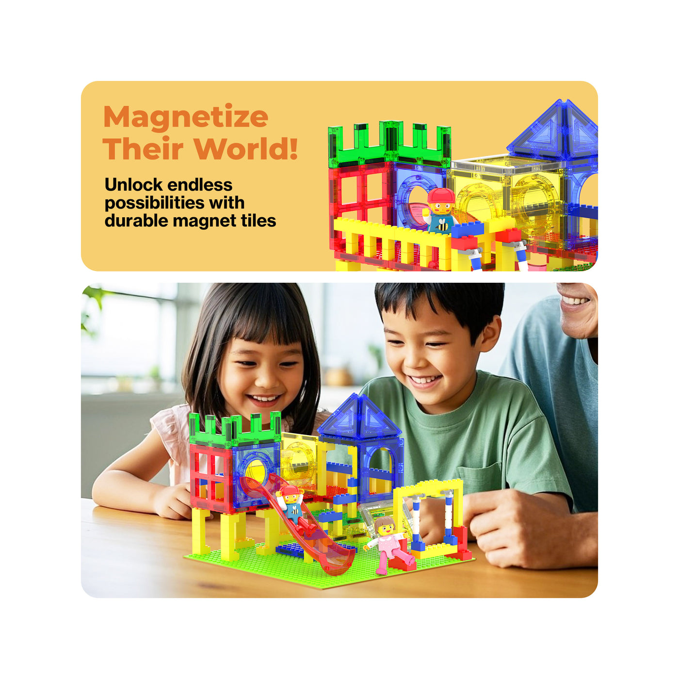 PicassoTiles Magnetic Building Blocks Playground Set with Action Figure Characters