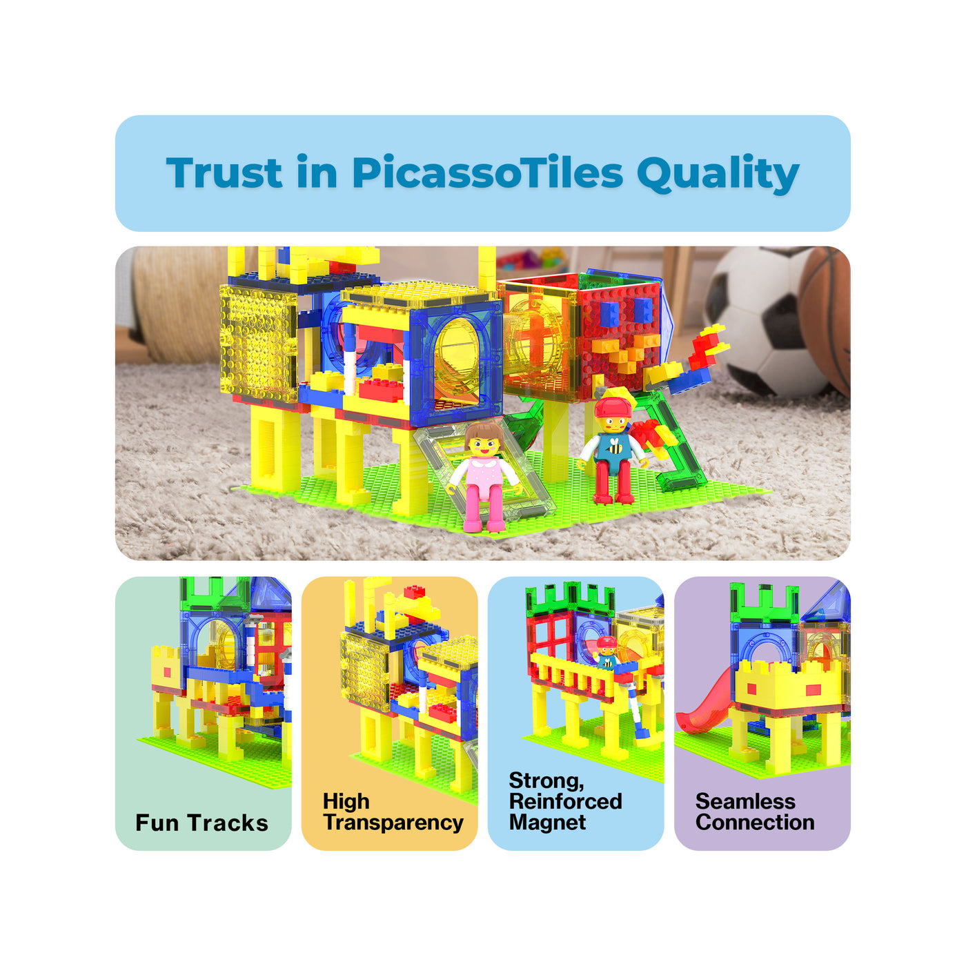 PicassoTiles Magnetic Building Blocks Playground Set with Action Figure Characters