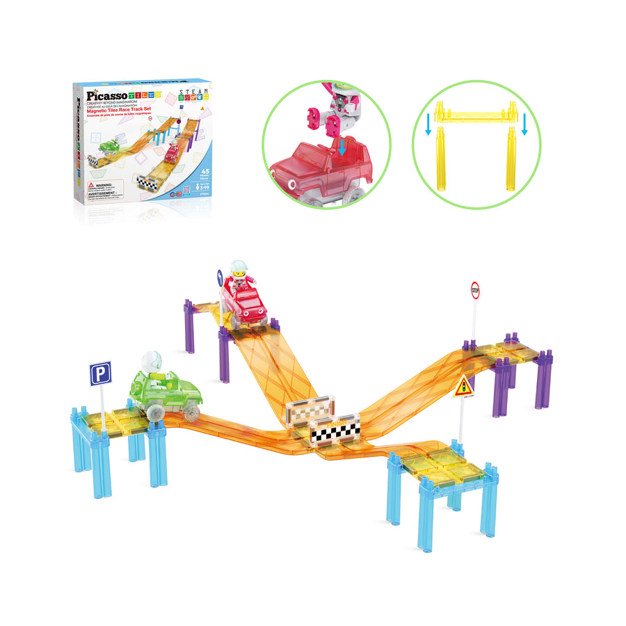 PicassoTiles Sloped Race Car Tracks for Racing Playset - 45 Pieces