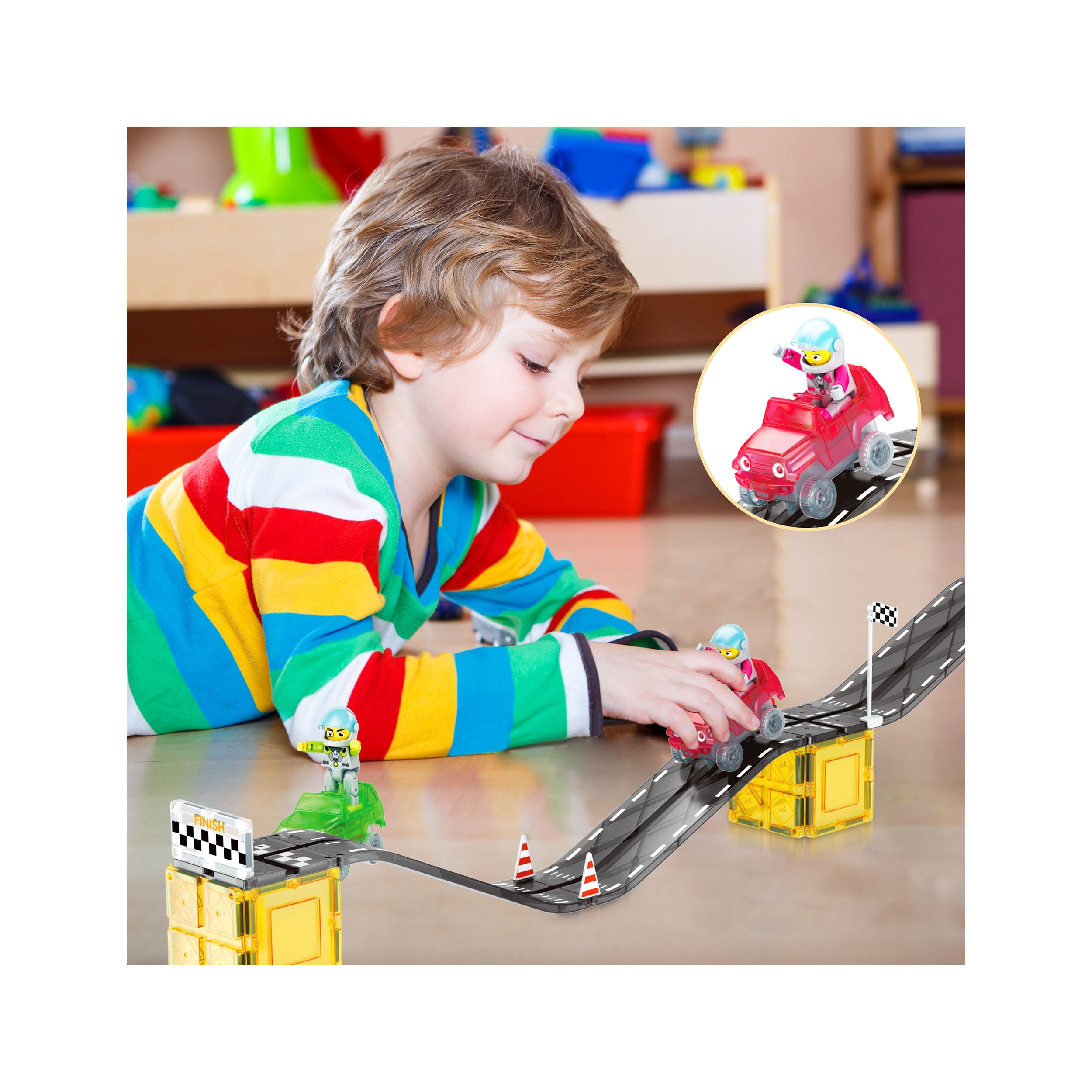 PicassoTiles Race Car Track Slider Racing Building Set