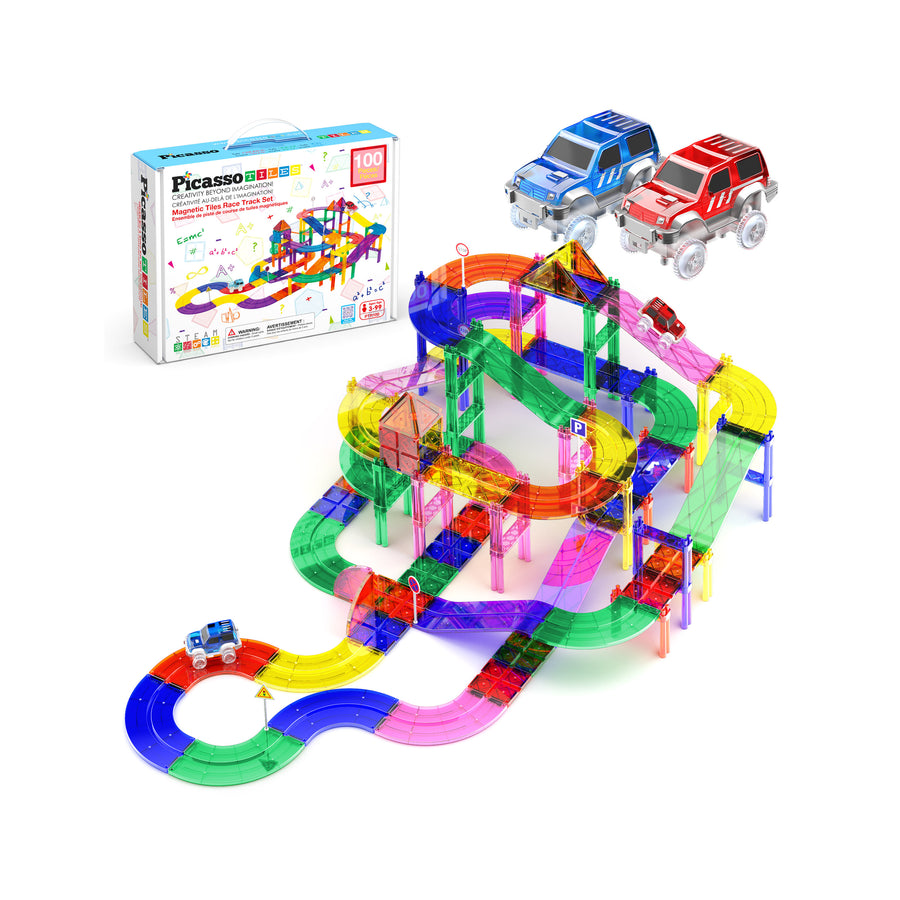 PicassoTiles 100pc Race Track Building Blocks with LED Cars