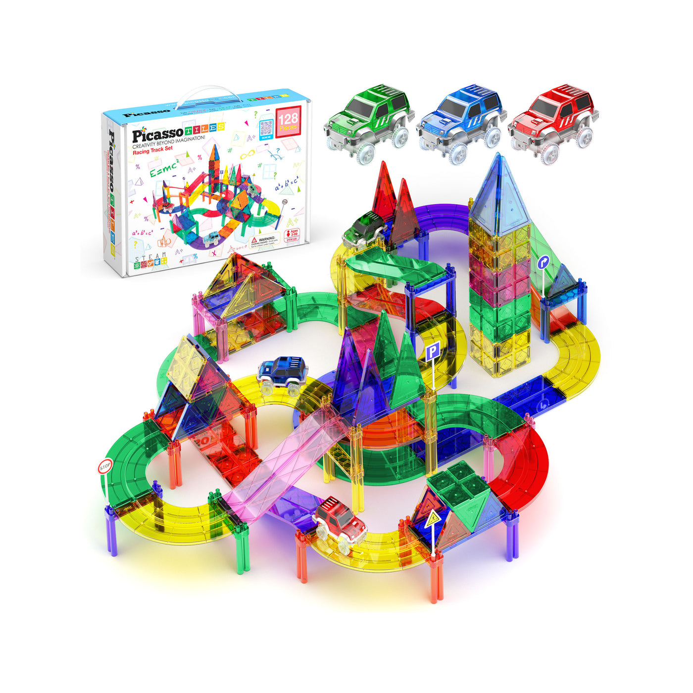 PicassoTiles Magnetic Car Race Track Building Set w/LED Race Cars