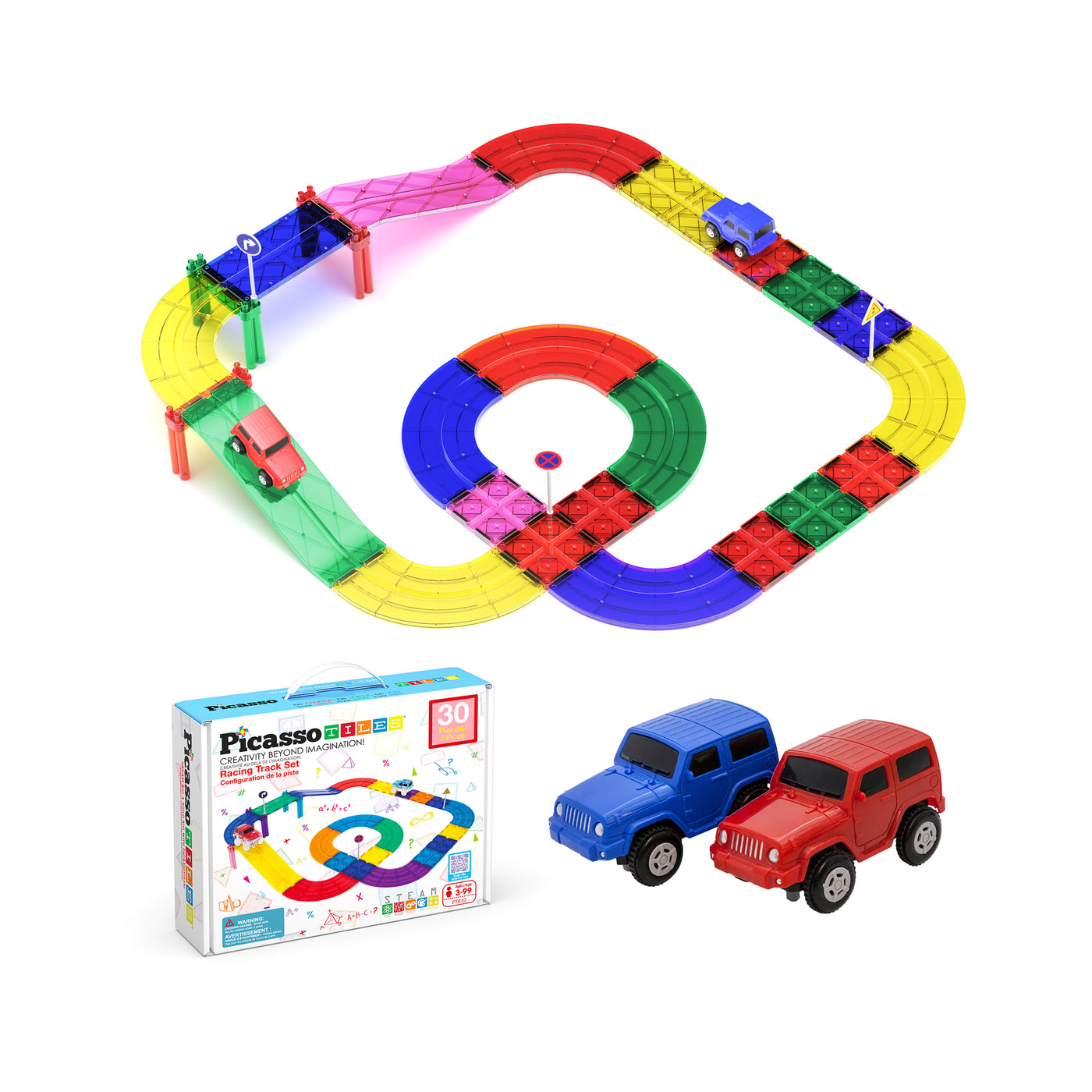 PicassoTiles Magnetic Race Car Track with Trucks Building Set