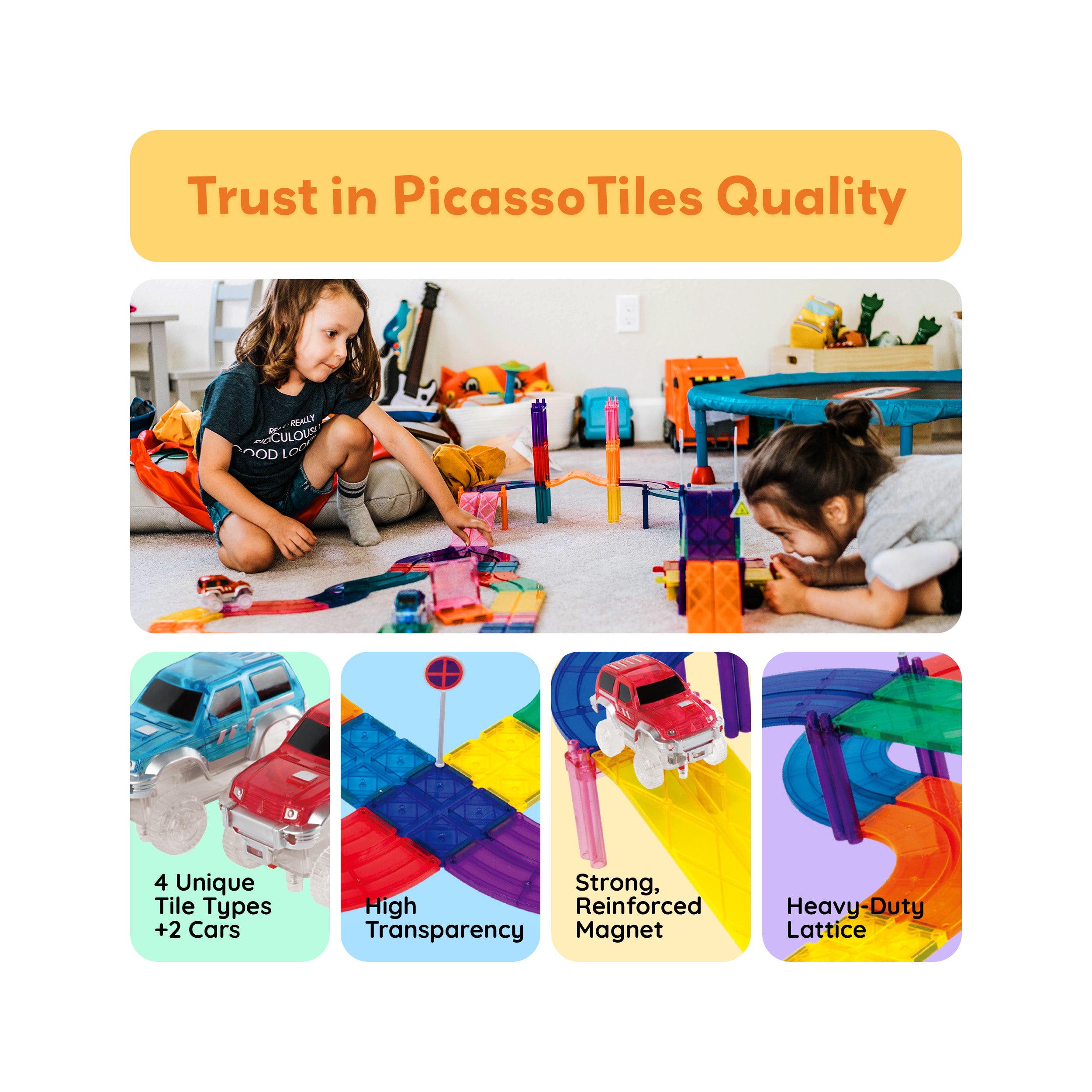 PicassoTiles Magnetic Race Car Track with Trucks Building Set