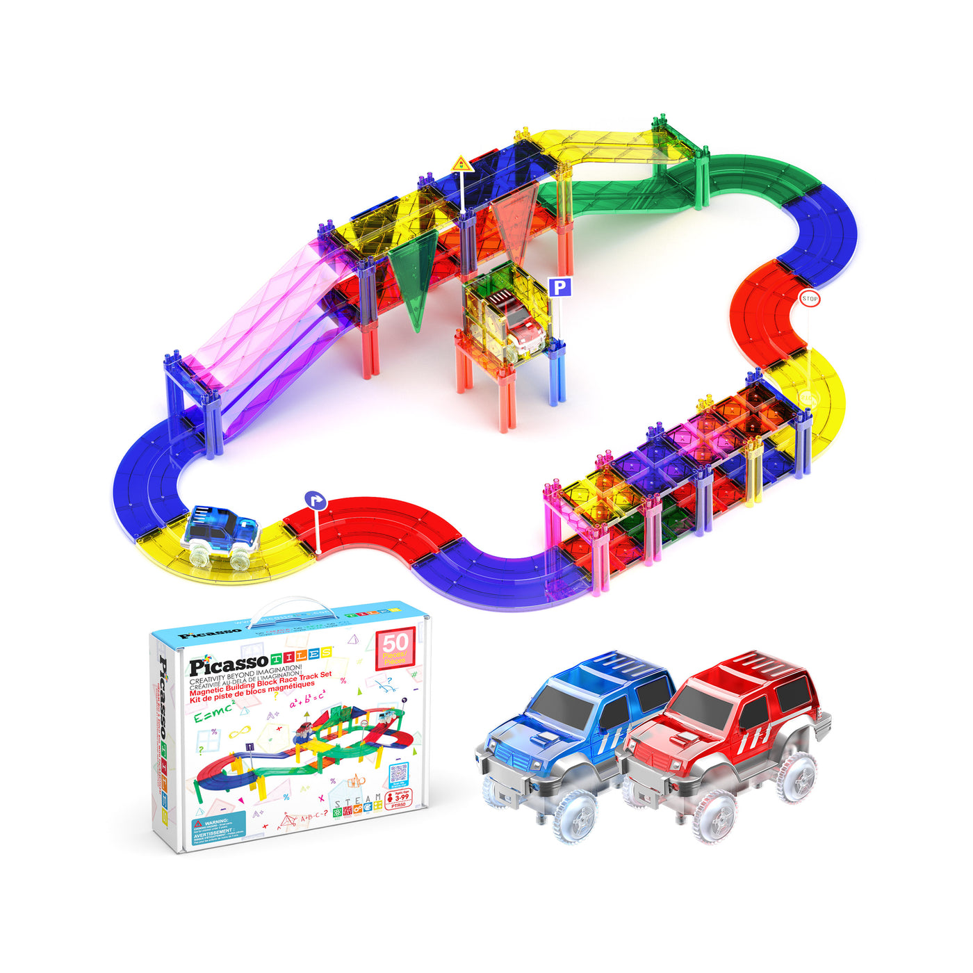 PicassoTiles Magnetic Tiles Race Track with LED Cars