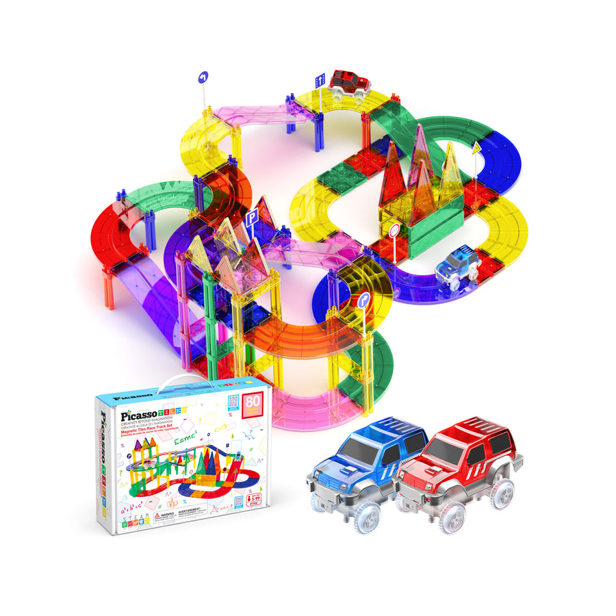 PicassoTiles 80pc Race Track Magnetic Building Blocks Set