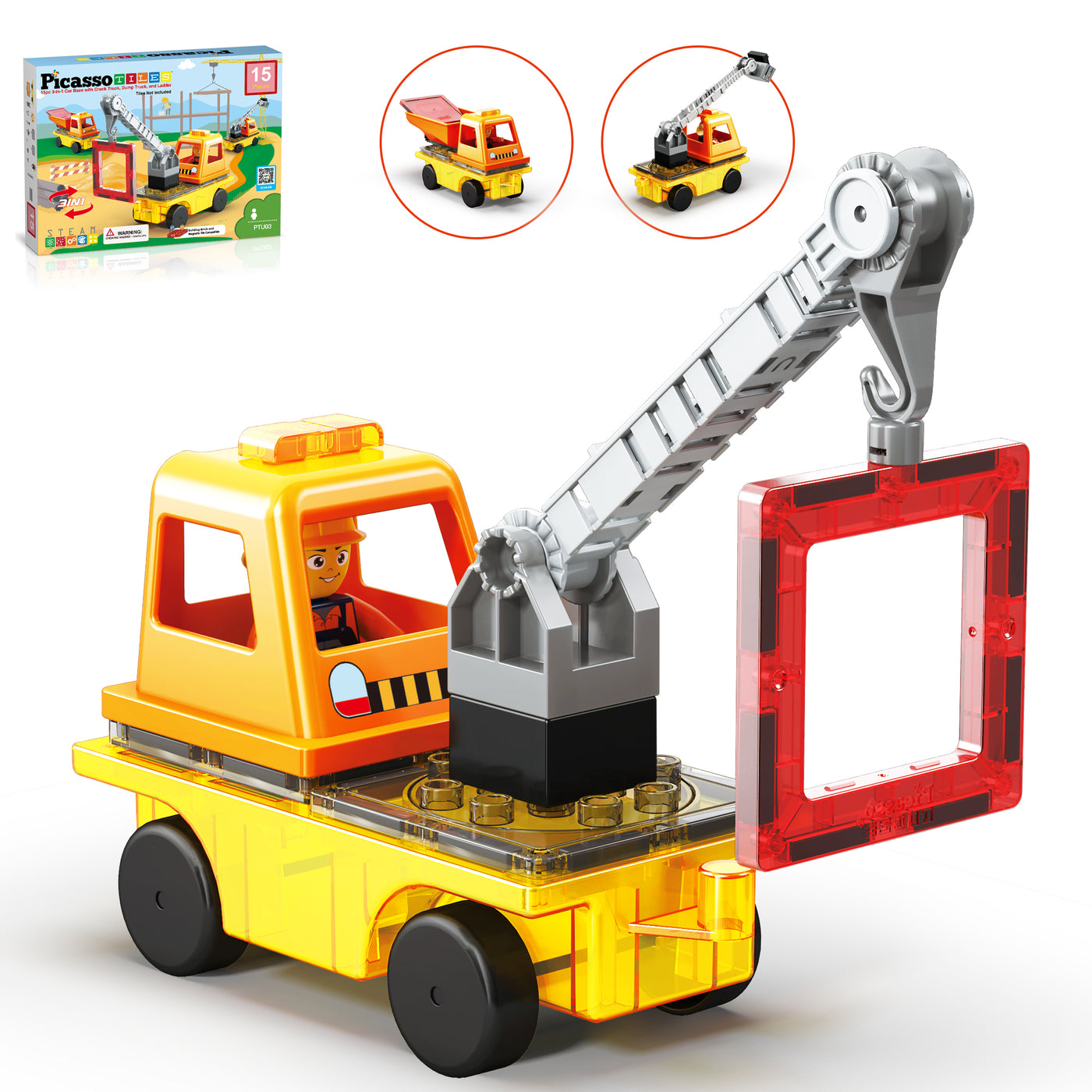 PicassoTiles Magnet Tile Building Brick Blocks 3in1 Construction Vehicle Set