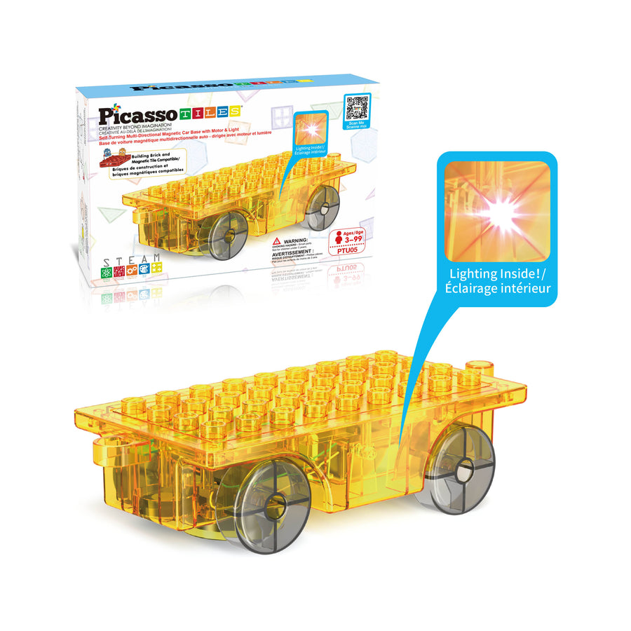 PicassoTiles Magnet Tile Motorized Car Base Self Turning Vehicle with Light And Motor