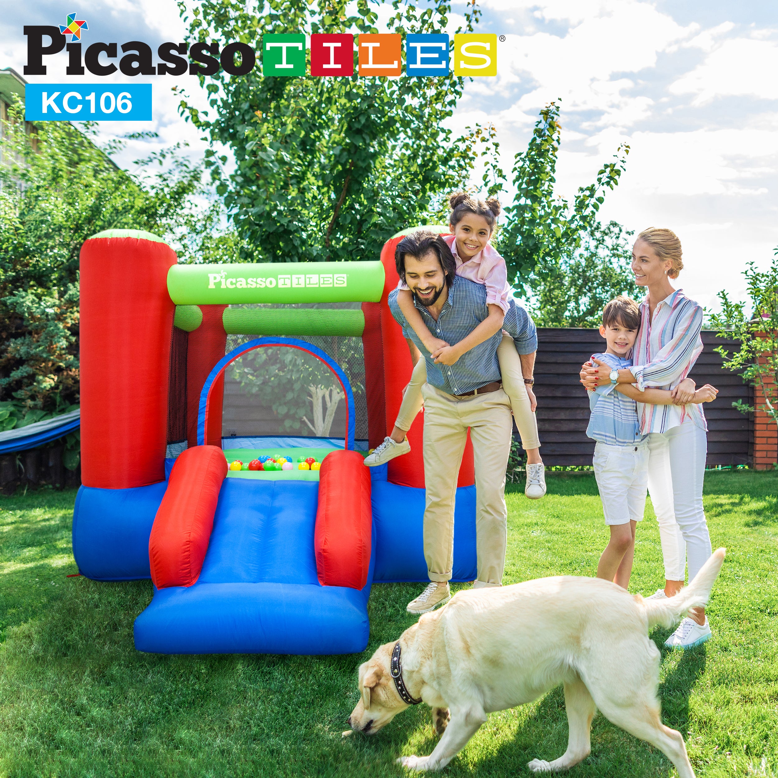 PicassoTiles Inflatable Bounce House Jump & Slide with Pit Balls