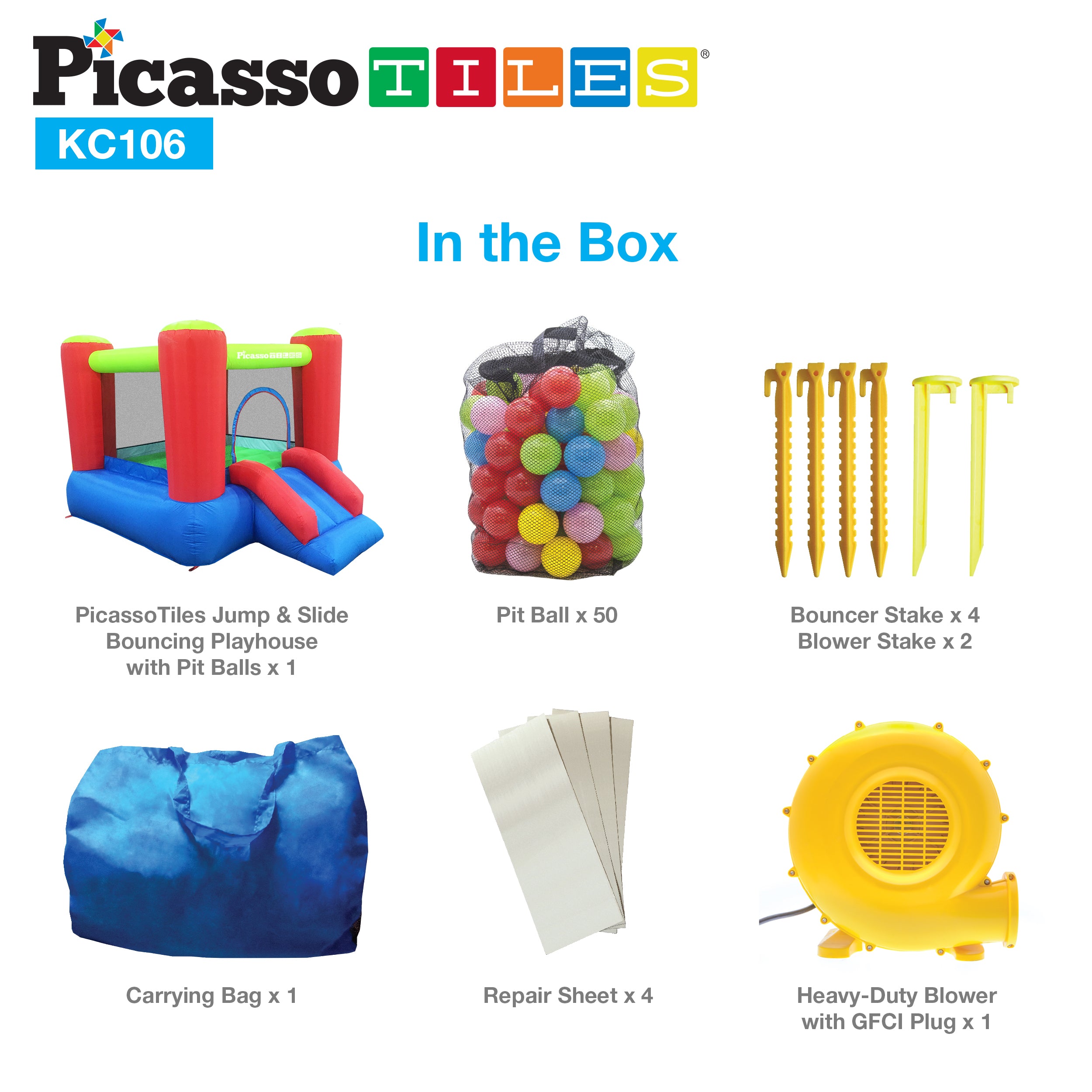 PicassoTiles Inflatable Bounce House Jump & Slide with Pit Balls