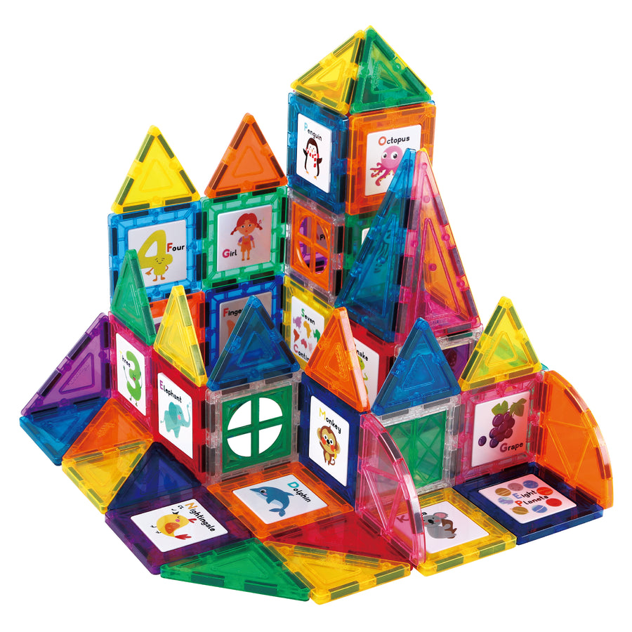 PicassoTiles 102 Piece Magnetic Building Tile Set w/Educational Artwork Graphics