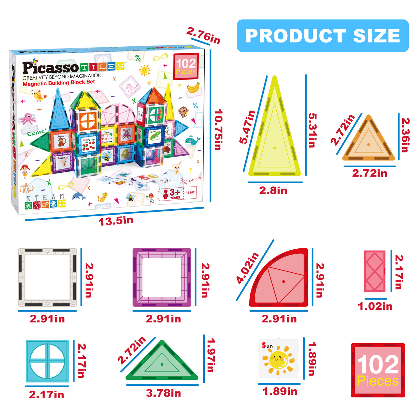 PicassoTiles 102 Piece Magnetic Building Tile Set w/Educational Artwork Graphics