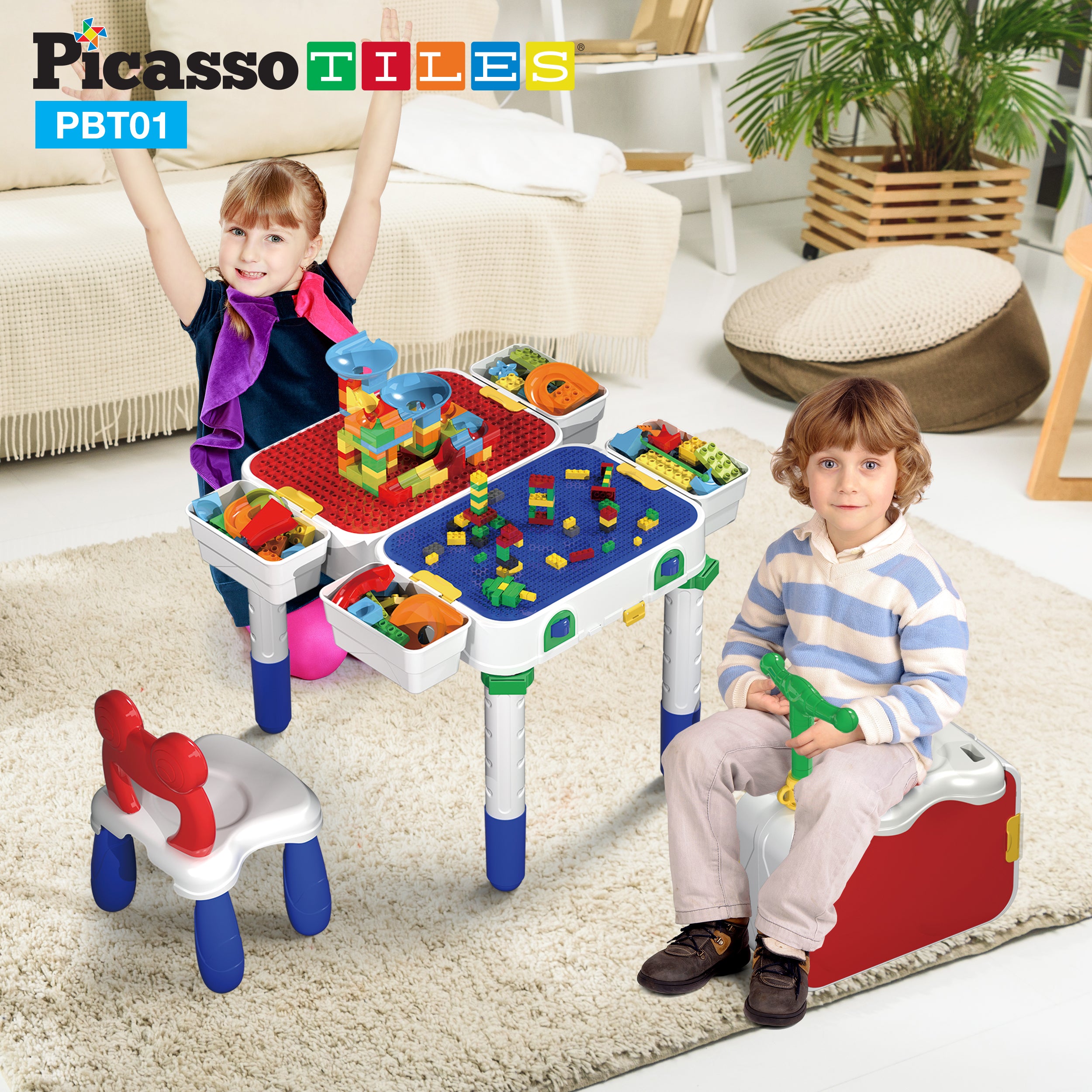 PicassoTiles Kids Building Block Activity Center Suitcase Table Set