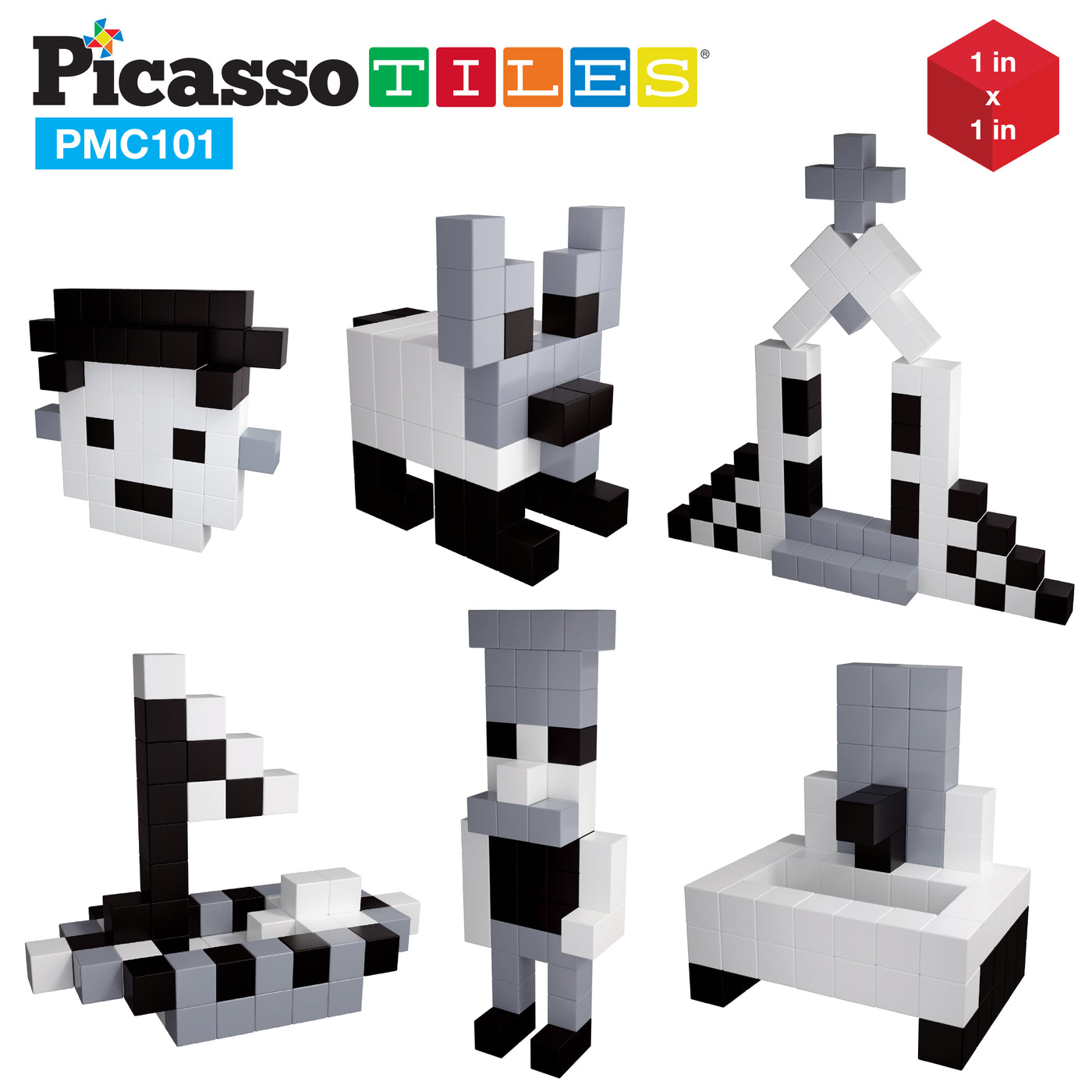 PicassoTiles 101pcs Magnetic Puzzle Cube Set - Black and White