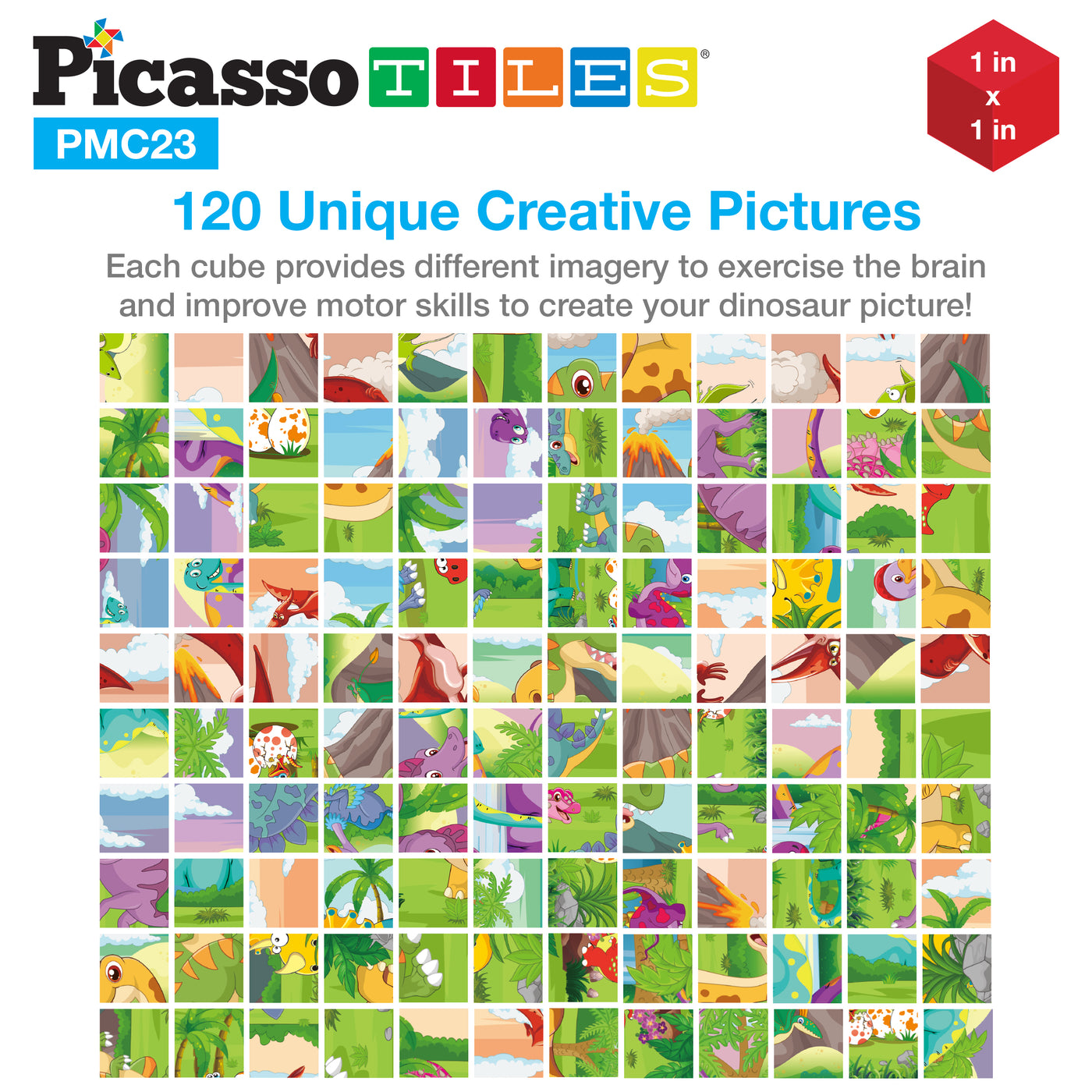 PicassoTiles 1" 20pc Magnetic Cube Puzzle Block Dinosaur Set