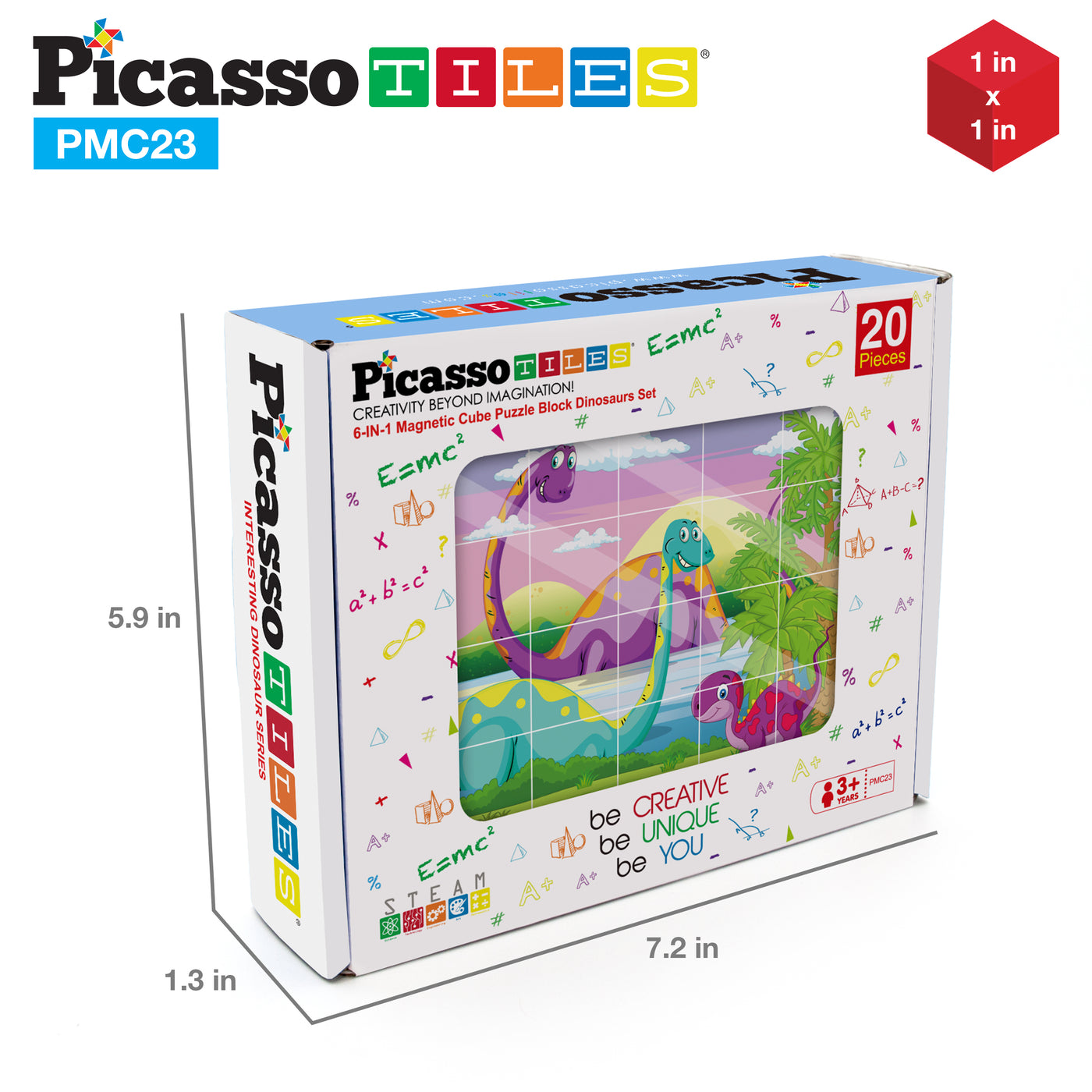 PicassoTiles 1" 20pc Magnetic Cube Puzzle Block Dinosaur Set