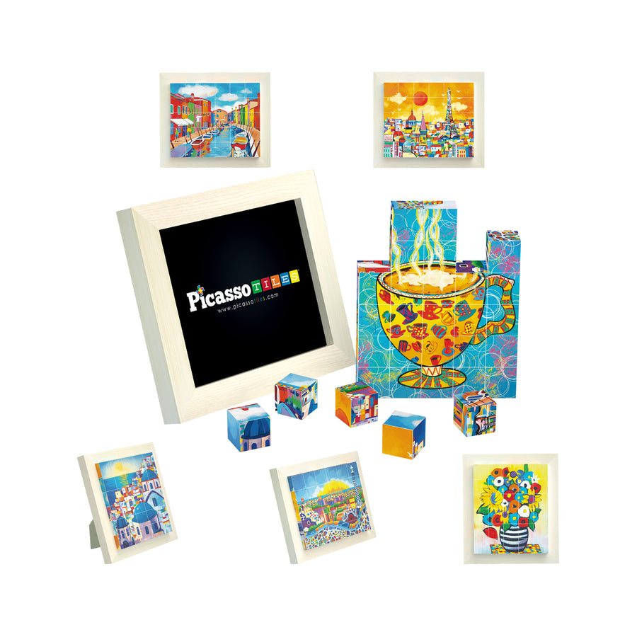 PicassoTiles Magnet Puzzle Cubes Famous Paintings with Free Frame Stand
