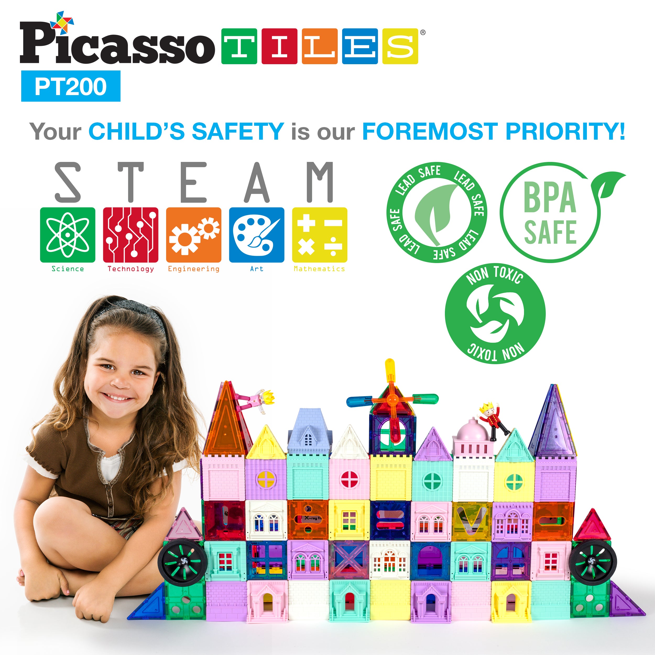 PicassoTiles Magnetic Tile Castle Set with Action Figures & Enhancements