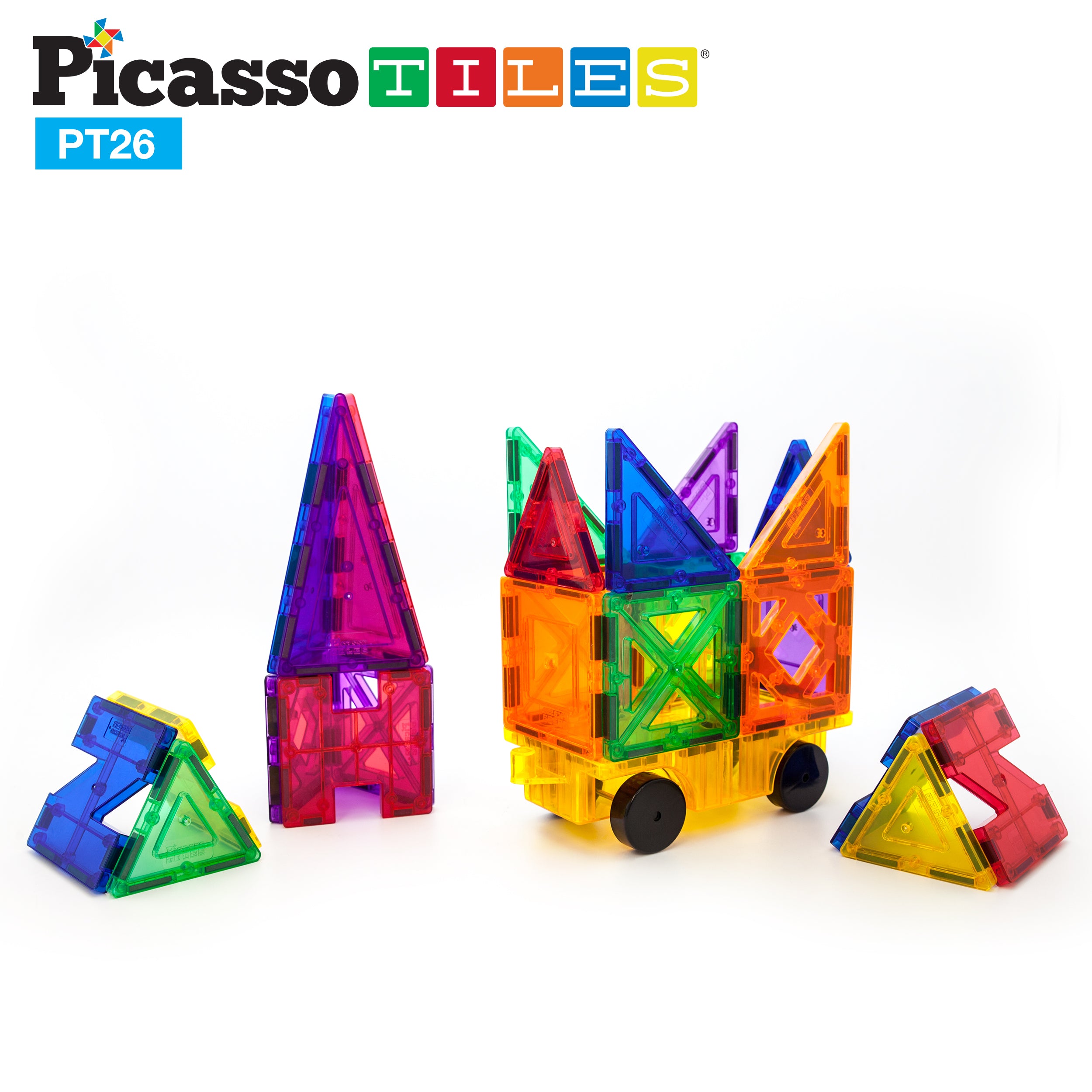 PicassoTiles Magnet Tile Car Base Stack-n-Build Set - 26 Pieces