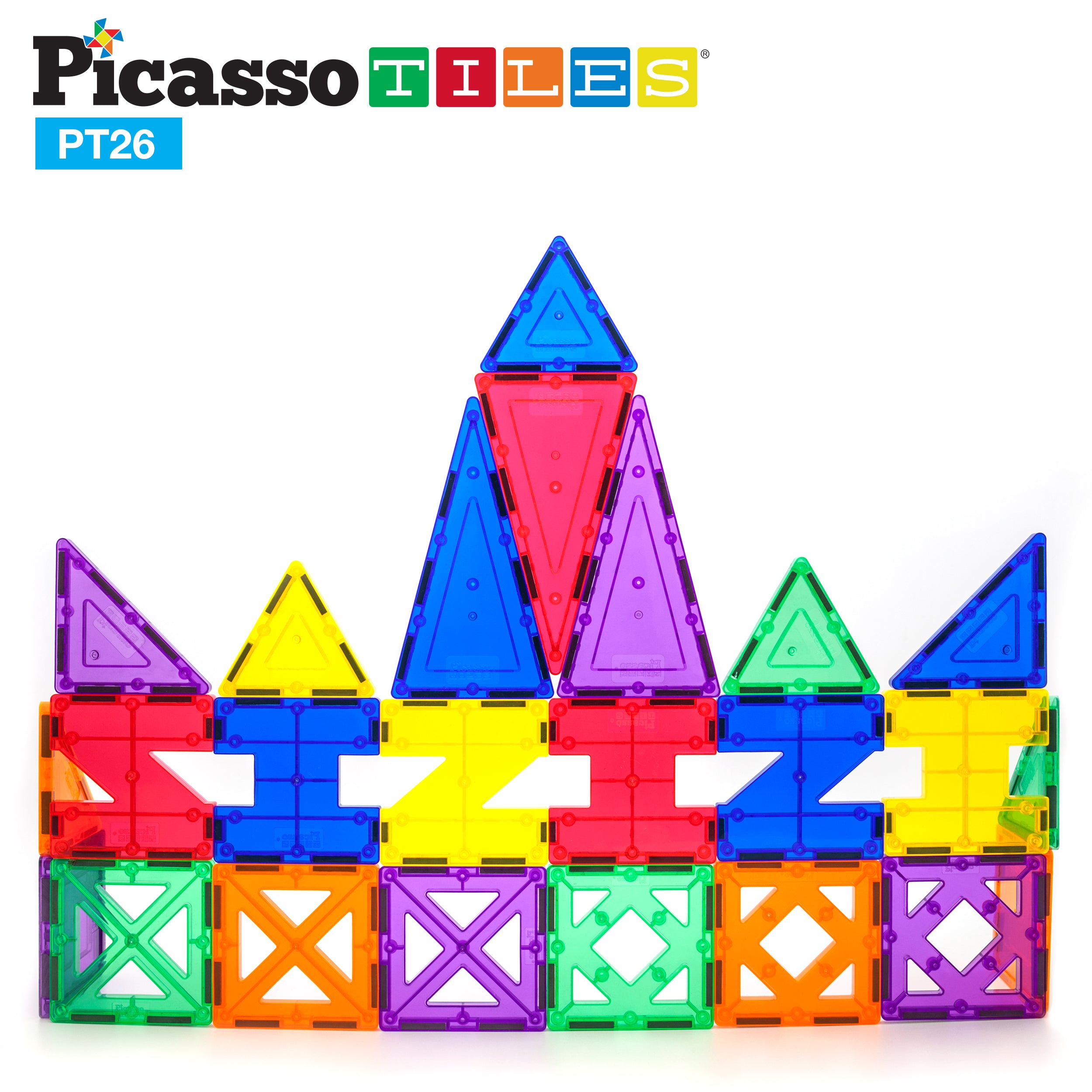 PicassoTiles Magnet Tile Car Base Stack-n-Build Set - 26 Pieces