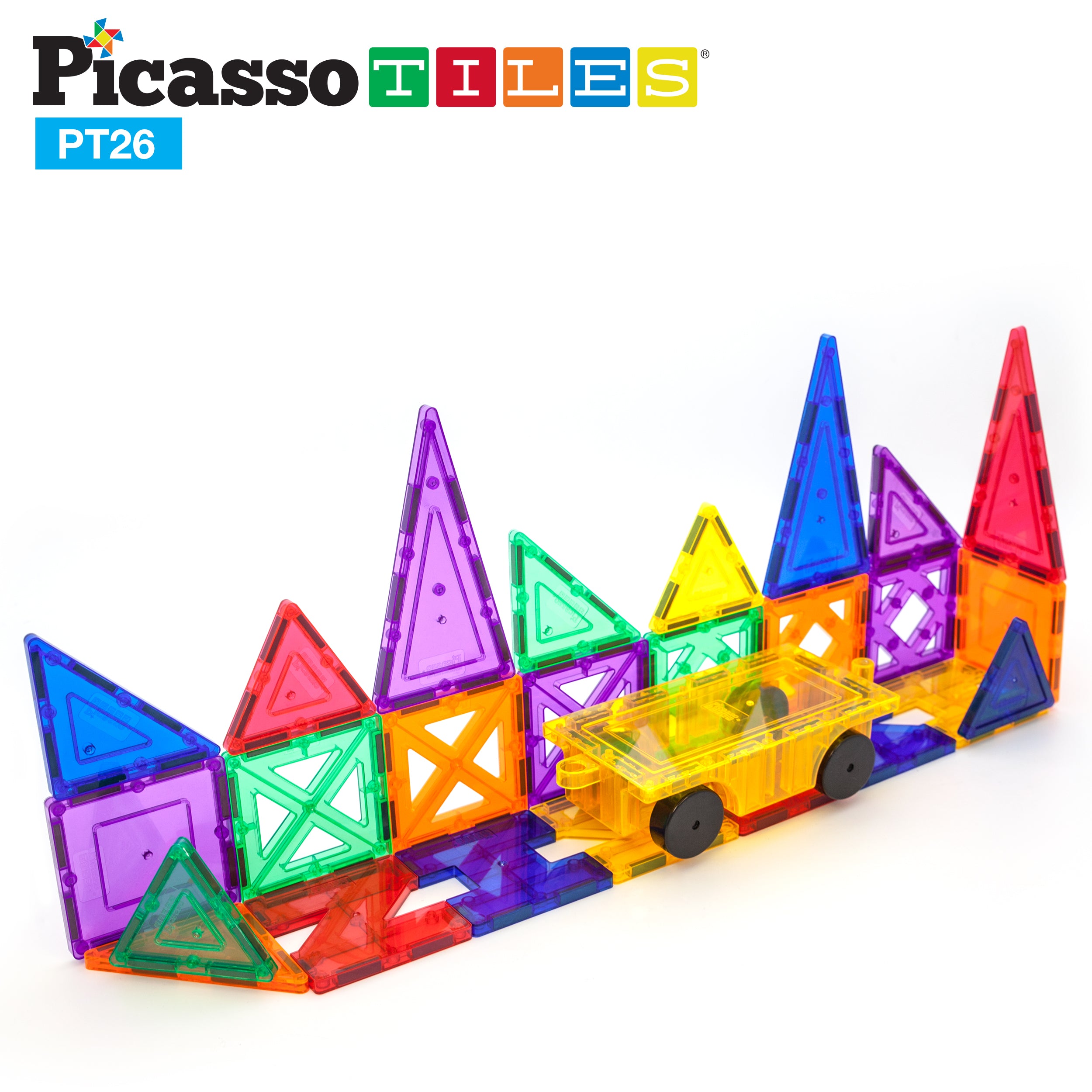 PicassoTiles Magnet Tile Car Base Stack-n-Build Set - 26 Pieces