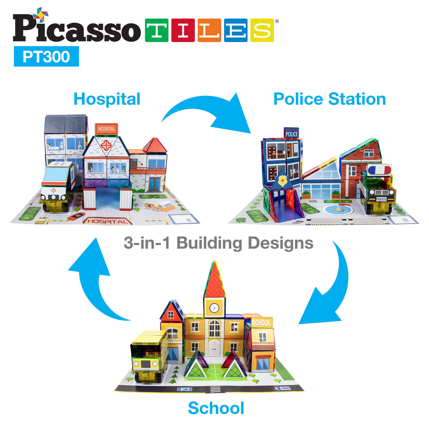 PicassoTiles 3in1 School, Hospital, and Police Station Building Blocks Set