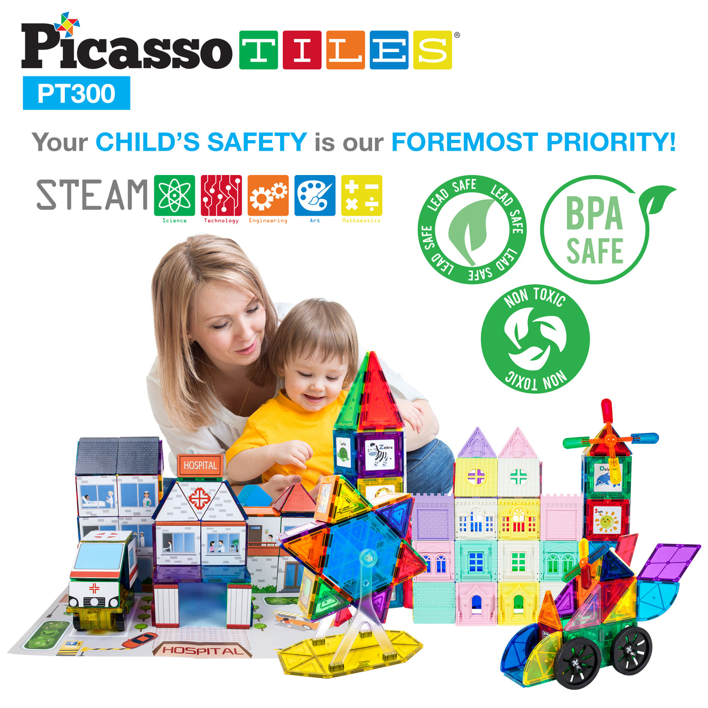 PicassoTiles 3in1 School, Hospital, and Police Station Building Blocks Set